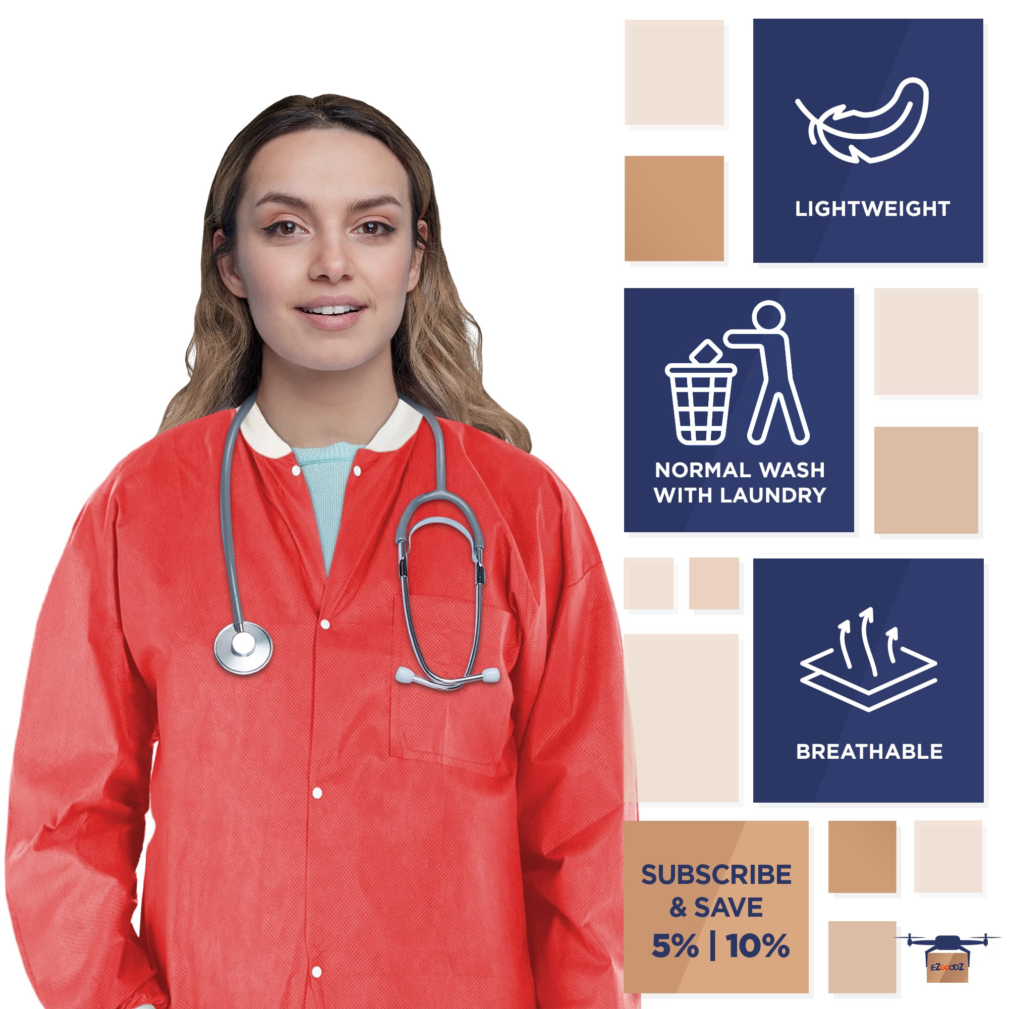 Disposable Lab Jackets - 32 Inch Long Red Workwear (Pack of 100) | X-Large Unisex PPE Coat with Snap Front, Knit Cuffs & 3 Pockets | 50 GSM SMS Material | Ideal for Medical Labs, Cleanrooms & Industrial Work Protection