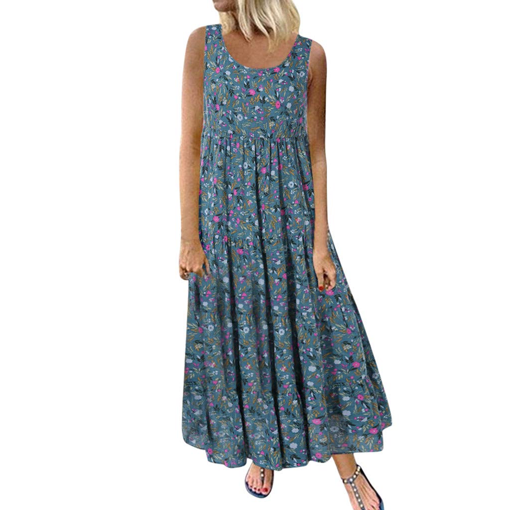 Women's Flowy Comfortable Cotton Linen Dress - Summer Boho Floral Maxi Dress with Loose Sleeveless Design for Casual Wear, Beach Vacation & Outdoor Activities