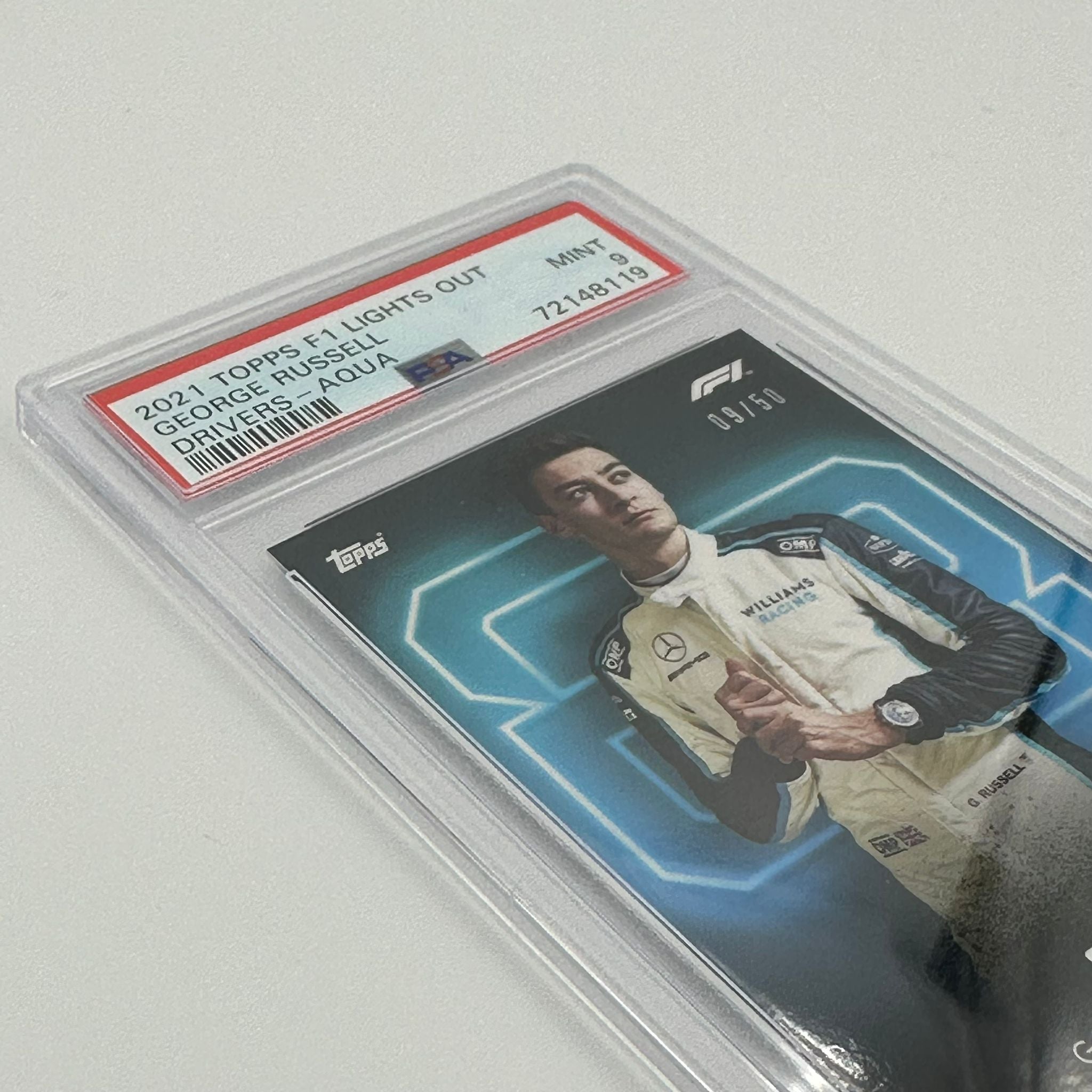 2009 George Russell PSA 9 Graded 50/50 Aqua Parallel Racing Driver Card - Perfect for Collectors, Sports Memorabilia & F1 Fans