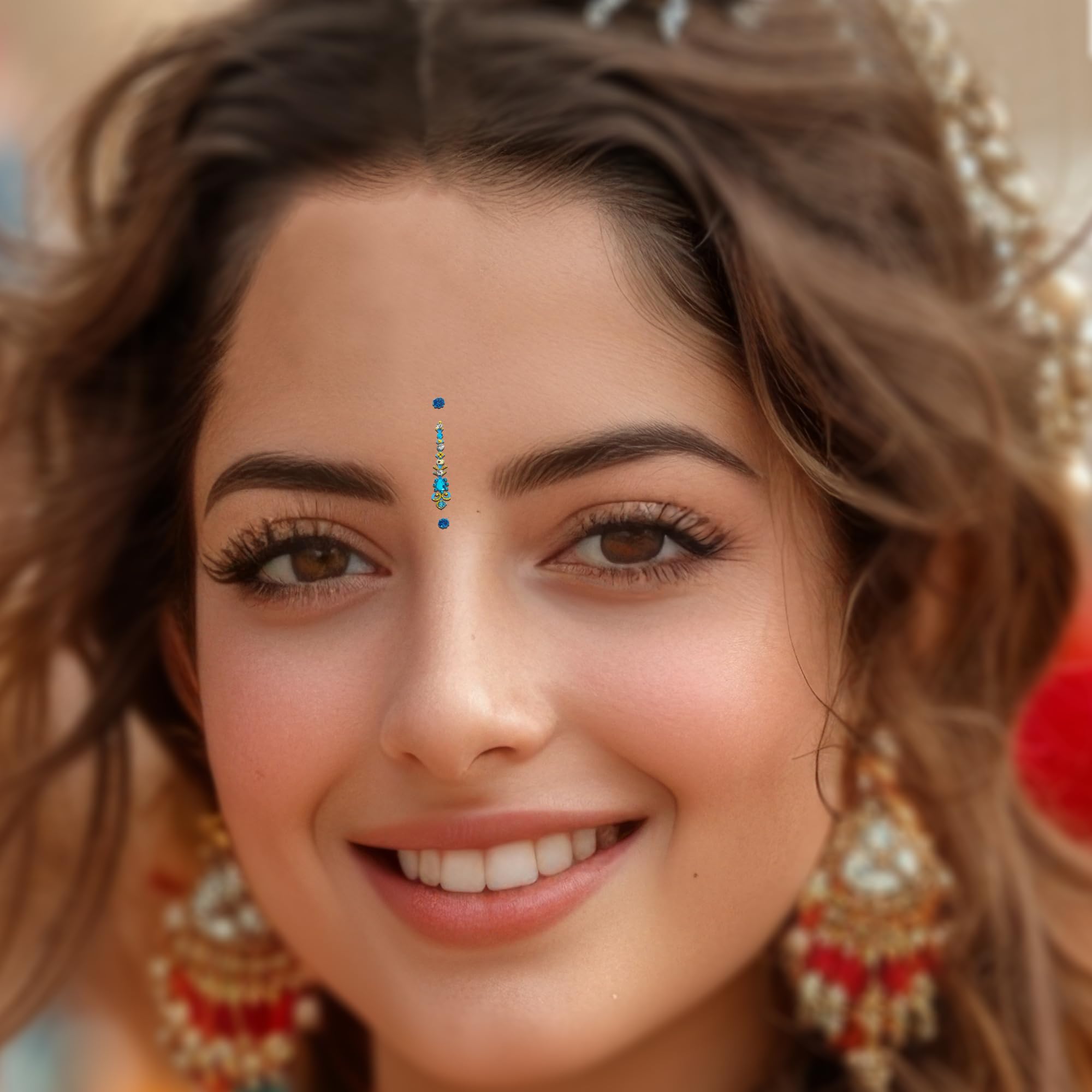 Comet Busters Pink and Blue Long Bindi for Women - 26mm Indian Forehead Jewelry (BV016) | Perfect for Diwali, Weddings & Festive Occasions