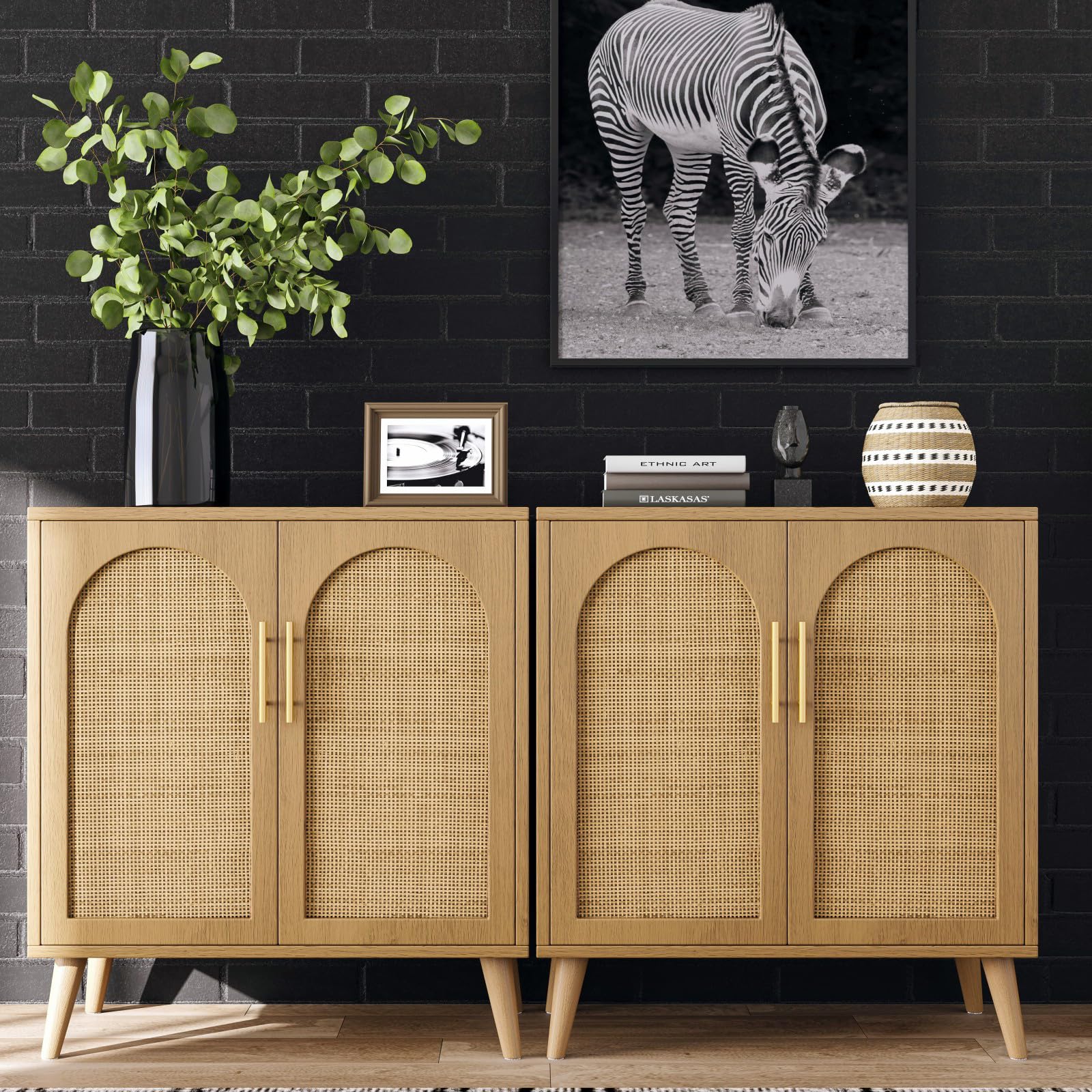 Rovaurx Set of 2 Rattan Storage Cabinets with Doors - Modern Accent Bathroom & Living Room Floor Cabinet, Sideboard Buffet for Entryway, Dining Room & Kitchen - Natural BMGZ108M02 | Perfect for Home Organization & Stylish Decor