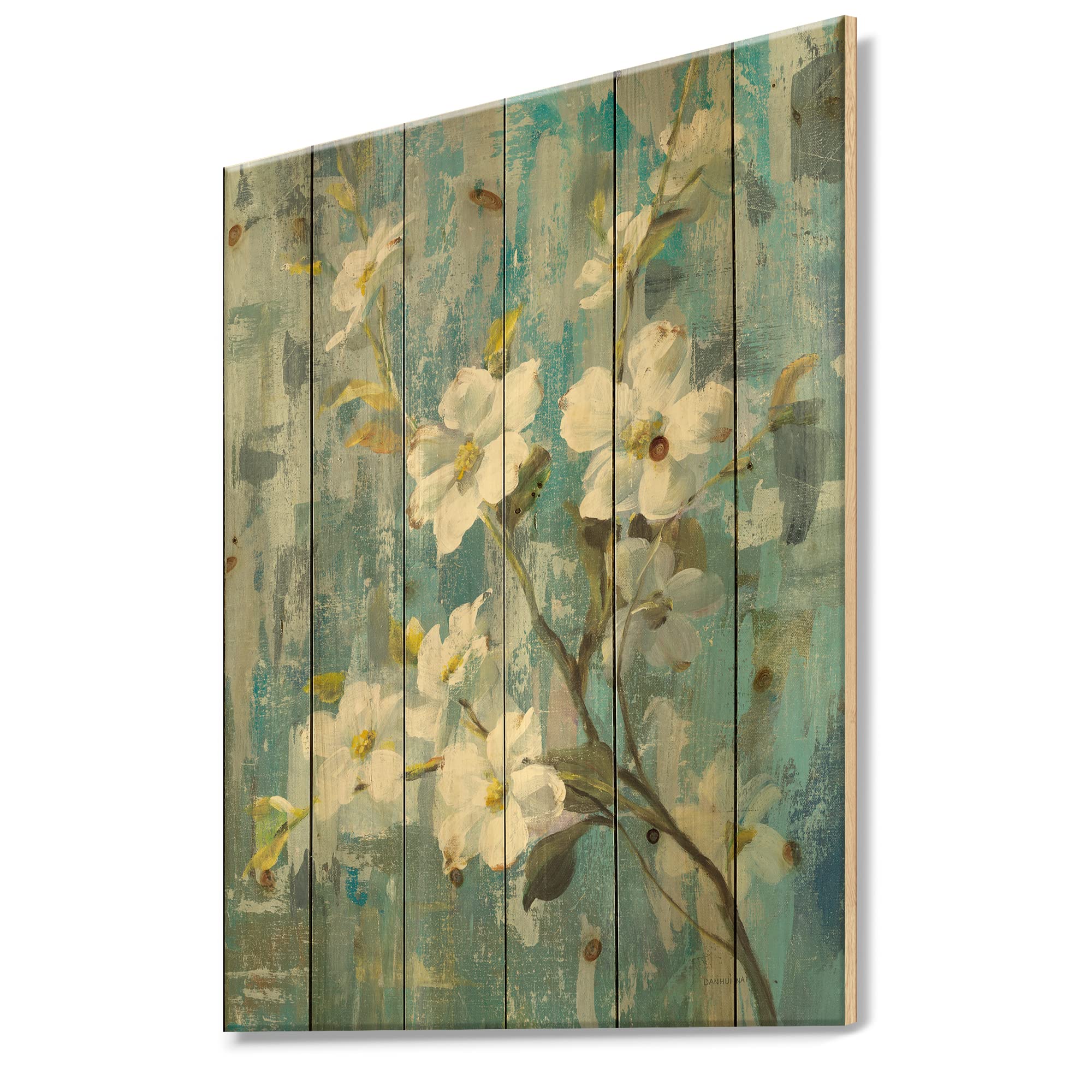 DesignQ Pastel Magnolia II Traditional Wood Wall Decor - Blue Floral Wood Wall Art Panel Printed on Natural Pine - Large Home Decoration for Living Room, Bedroom & Office