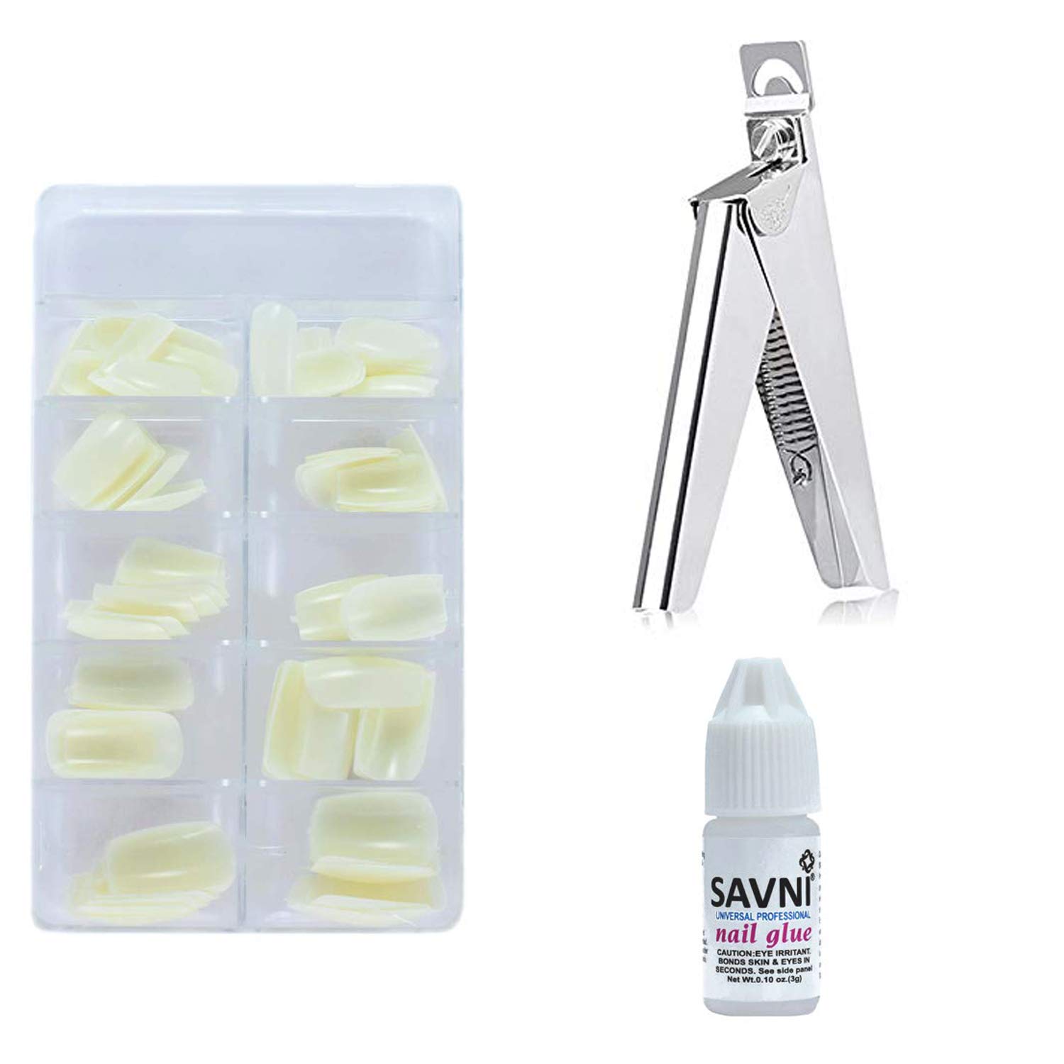 SAVNI Professional Steel Nail Edge Cutter & 100-Piece Acrylic Nail Extension Kit with Nail Glue - Perfect for Manicure, Pedicure & Nail Art at Home Salon