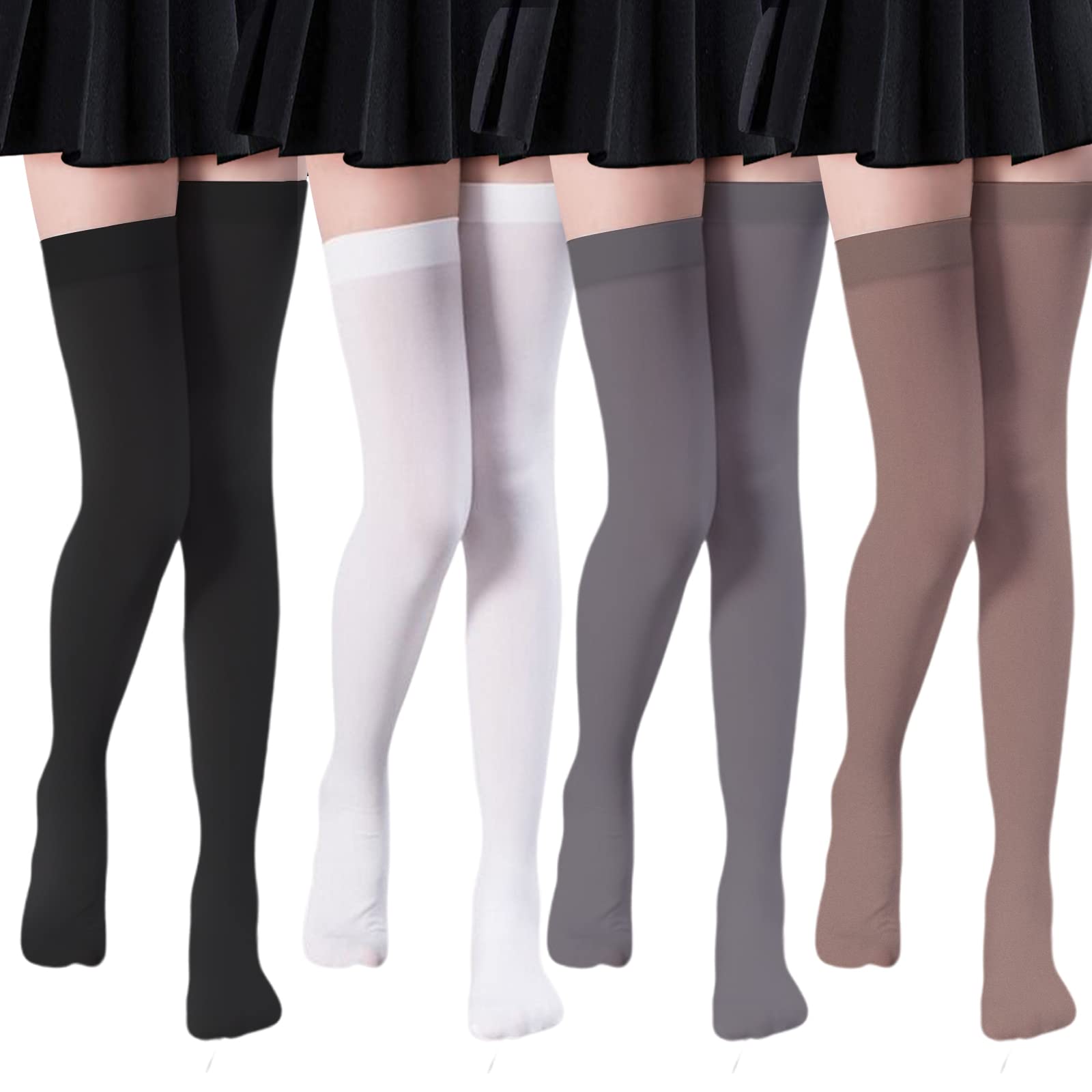 4-Pack Women's Silk Nylon Knee High & Over The Knee Socks - Reinforced Toe, Solid Colors - Cosplay, Party, Fashion Accessories - Perfect for Halloween, Christmas Costumes & Daily Wear