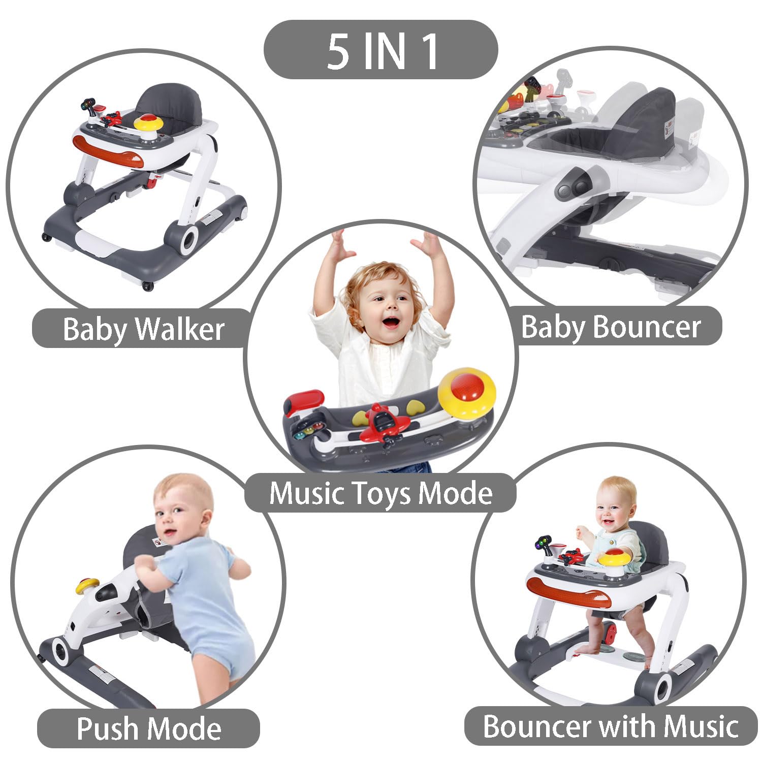 **Kinder King 5-in-1 Baby Walker with Music & Lights - Adjustable Height & Seat, Learning & Walk-Behind Activity Walker for Toddlers - Safety Bumper & Anti-Rollover Design (Grey) - Perfect for Playtime & Early Learning Development**