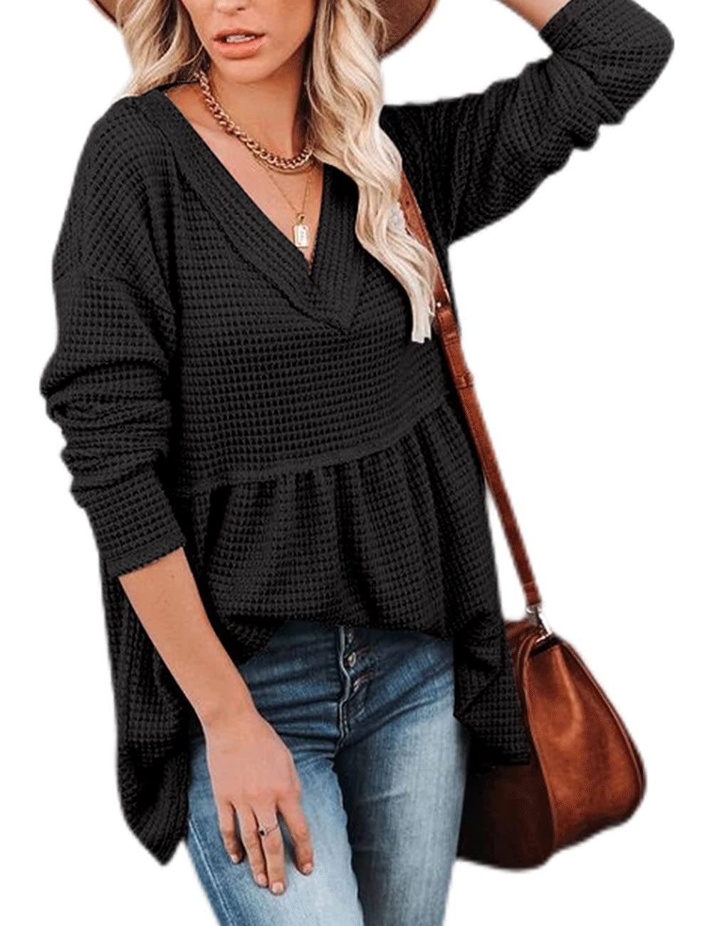 Women's V-Neck Waffle Knit Tunic Top - Long Sleeve Peplum Pullover Sweater - Casual Flowy Babydoll Swing Shirt for Work, Date Night & Everyday Wear
