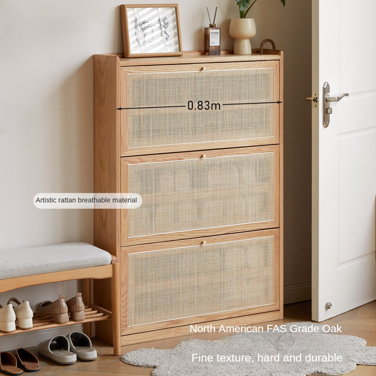 Oak Solid Wood Ultra Thin Flap Door Rattan Shoe Cabinet - Space Saving Entryway Storage Organizer for Hallway, Closet & Mudroom