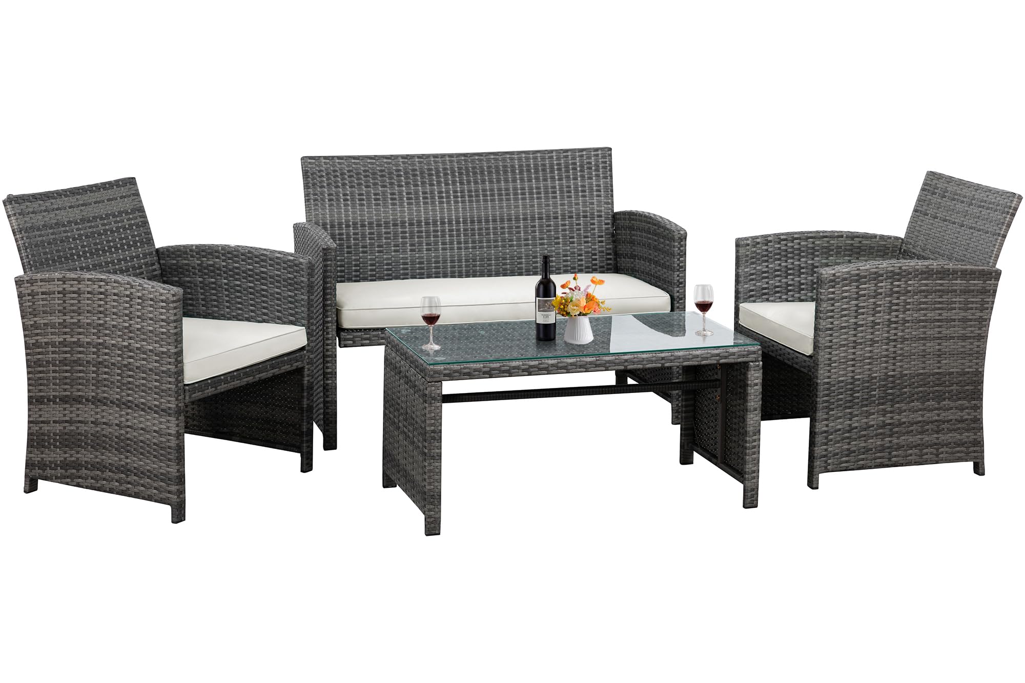 Shintenchi 4-Piece Gray Wicker Outdoor Patio Furniture Set with Weather-Resistant Cushions & Tempered Glass Tabletop - Rattan Conversation Set for Garden, Poolside or Backyard Relaxation