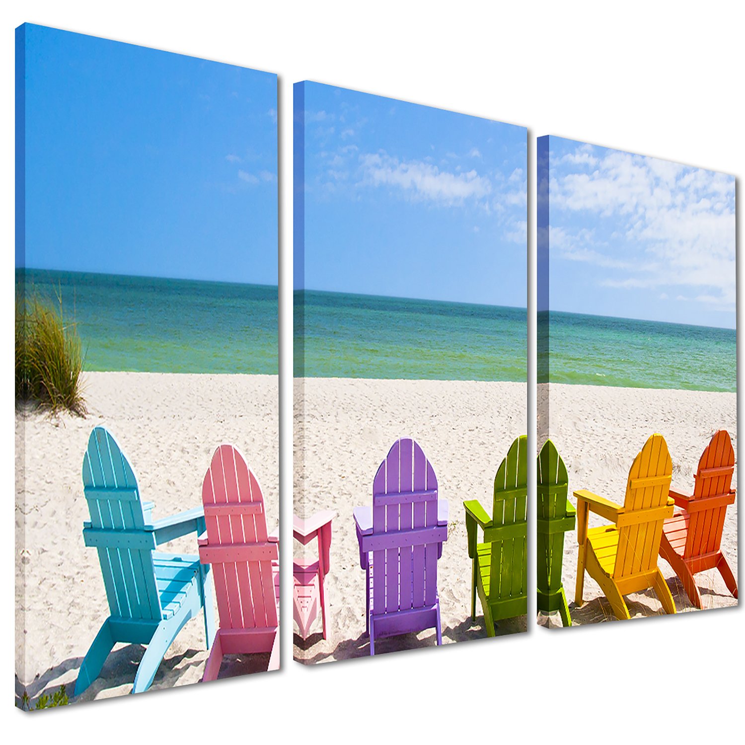 Designart Adirondack Beach Chairs - Coastal Seashore Photo Canvas Wall Art Print - 36x28 Inches - 3-Panel Multi Piece Set in Blue | Perfect for Living Room, Bedroom, Beach House & Office Decor
