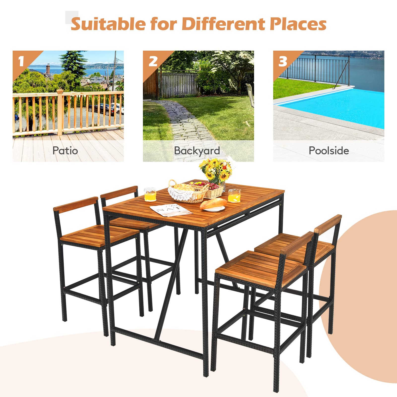 Tangkula 5-Piece Acacia Wood Outdoor Bar Set with Umbrella Hole - Black Rectangular Bar Table & 4 Rattan Bar Stools for Patio, Garden, Backyard Dining & Entertaining
