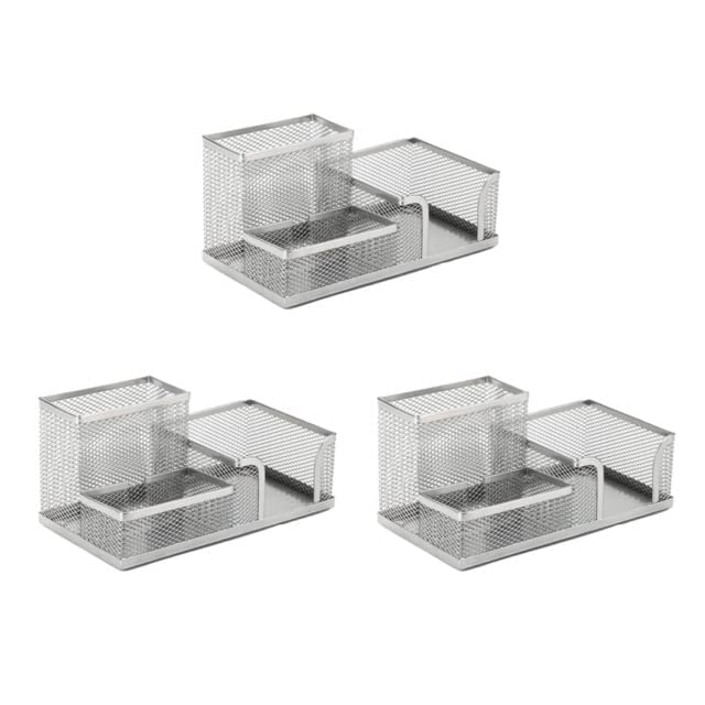 3-Pack Silver Metal Mesh Desk Organizer with 3 Compartments - Stylish Pencil Holder for Office, School & Home Workspace Organization
