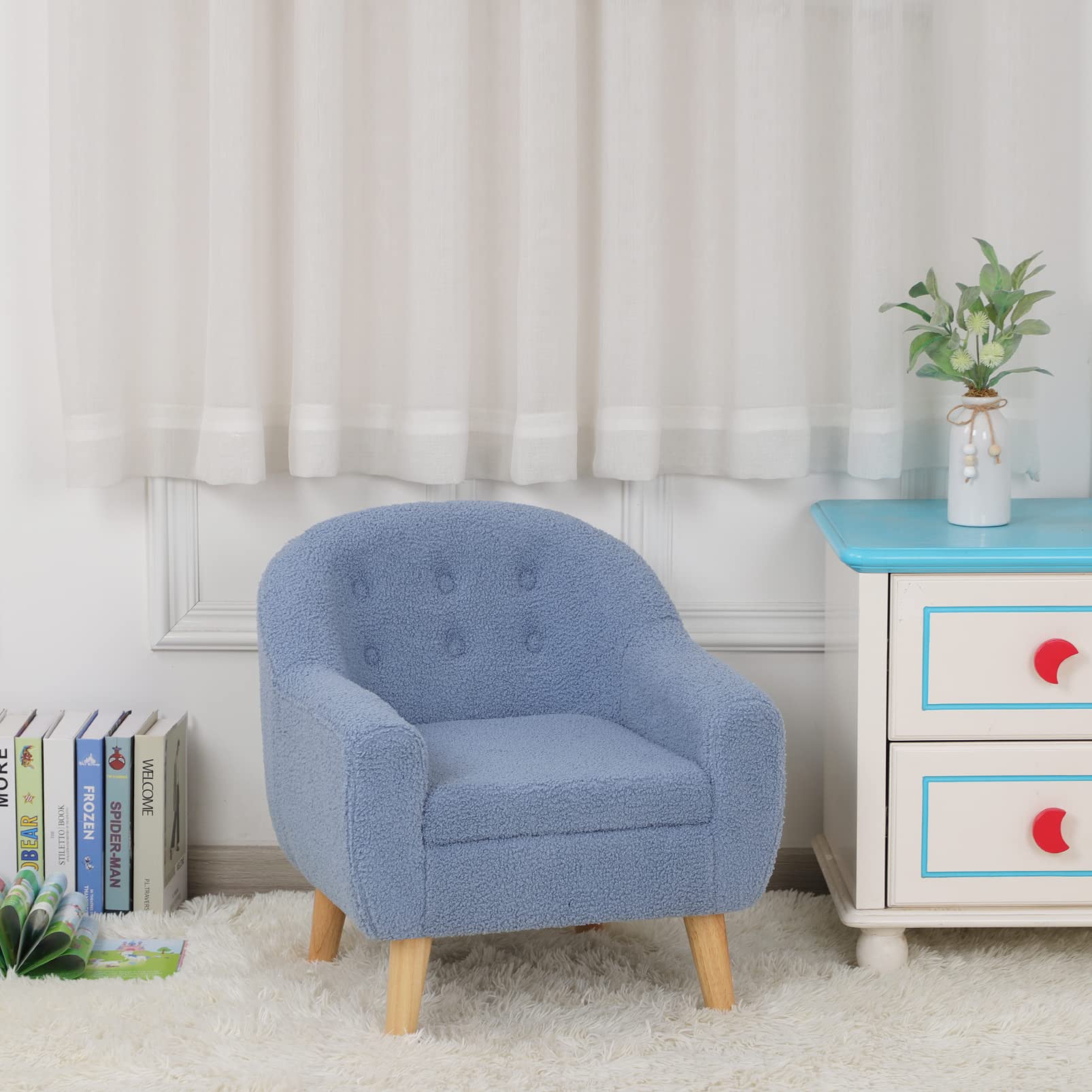 **Velvet Upholstered Kids Sofa Chair with Wooden Legs - Soft & Durable Toddler Couch for Playroom, Nursery, or Bedroom - Perfect Gift for Boys & Girls (Blue)**    *(Use Case: Ideal for reading nooks, playtime, or cozy TV watching in kids' rooms!)*