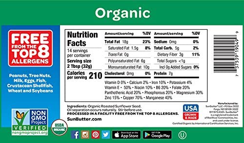 Organic Sunbutter Sunflower Seed Butter - Creamy, Nut-Free Spread for Sandwiches, Smoothies & Healthy Snacks