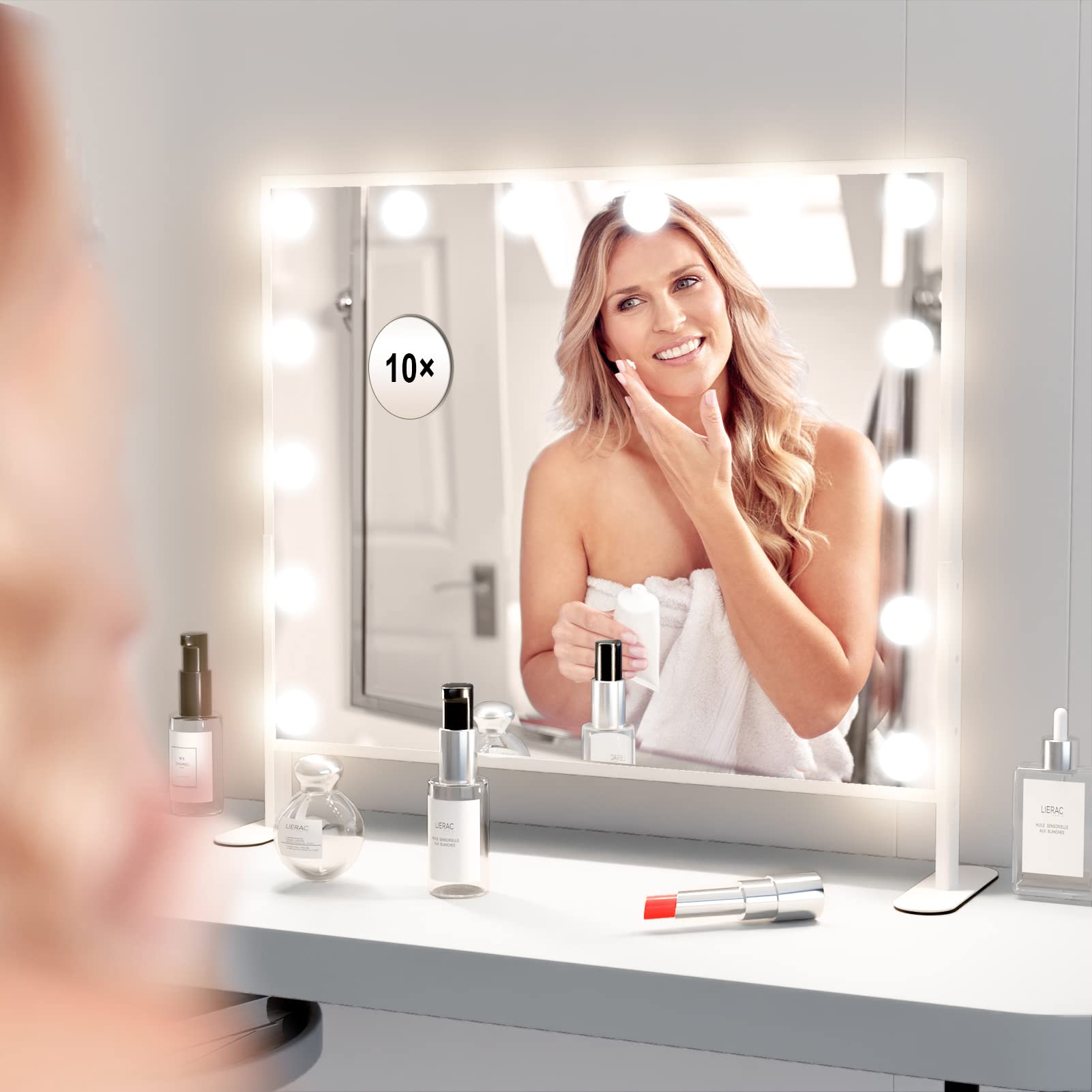 Hollywood Vanity Mirror with Lights - 22x18 Inch Large Lighted Makeup Mirror, Adjustable Height, Dimmable LED Lighting, 3 Color Temperatures (Warm/White/Cool), 10X Magnification Mirror - Perfect for Makeup Application, Skincare Routine, and Home Salon Setup