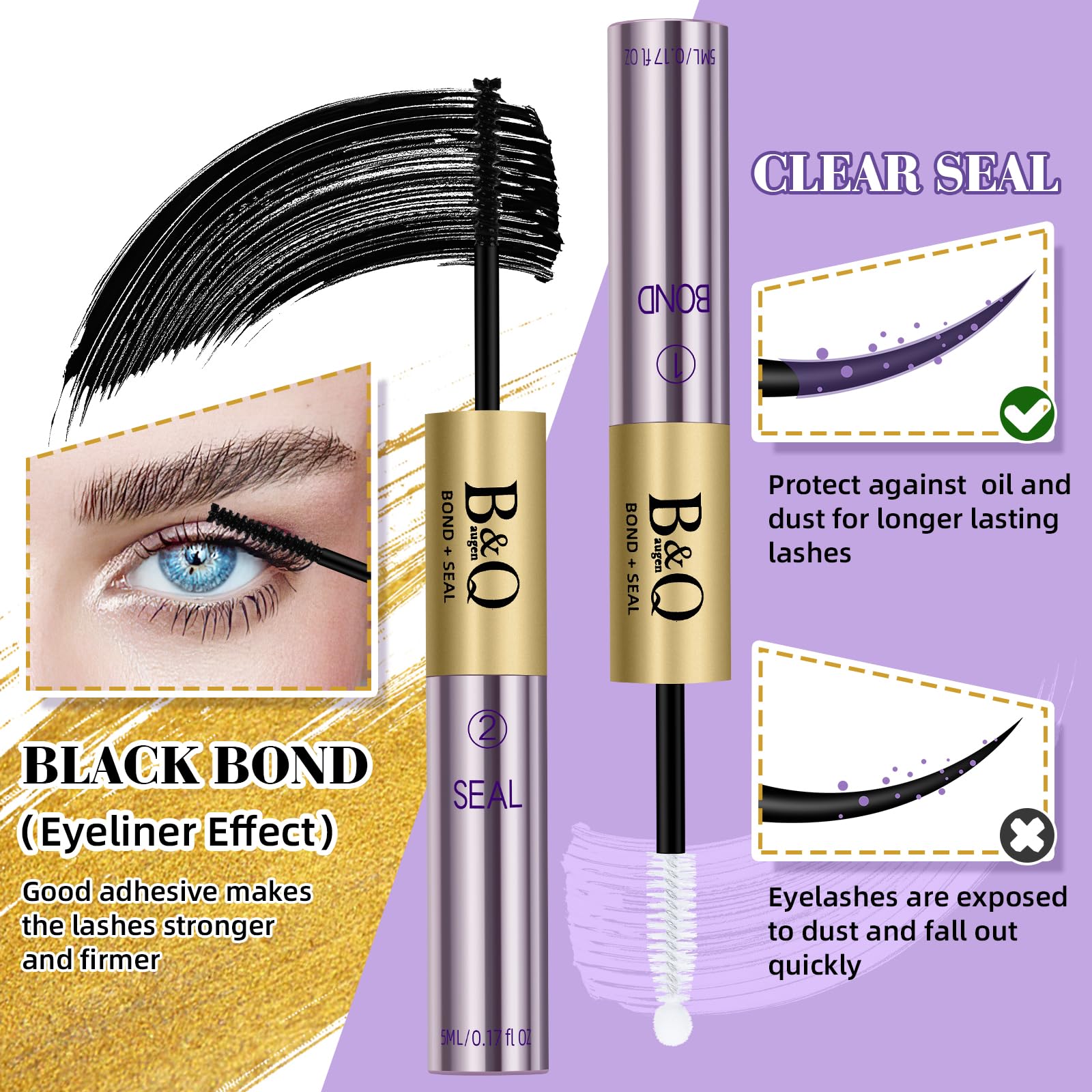 Waterproof 10ML Cluster Lash Glue - Strong Hold 2-in-1 Lash Bond & Seal for Eyelash Extensions | Long Lasting Black Eyelash Adhesive with Mascara Wand | Perfect for Professional Salon Use or DIY Home Lash Application