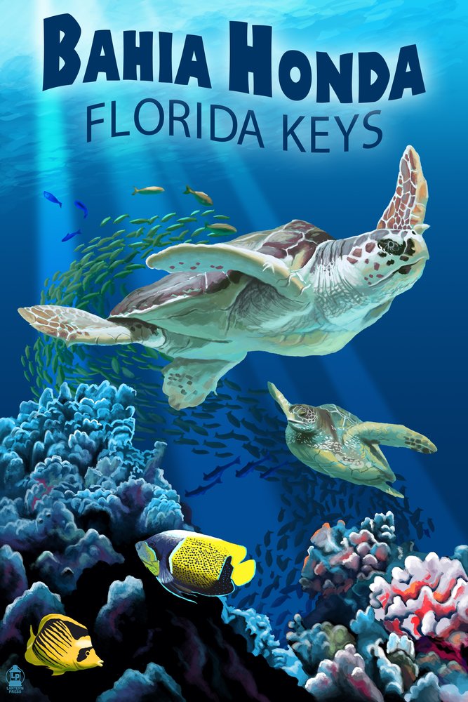 Bahia Honda Florida Keys Sea Turtles Wall Art Poster - 12x18 Inches Coastal Decor for Beach House, Living Room & Office
