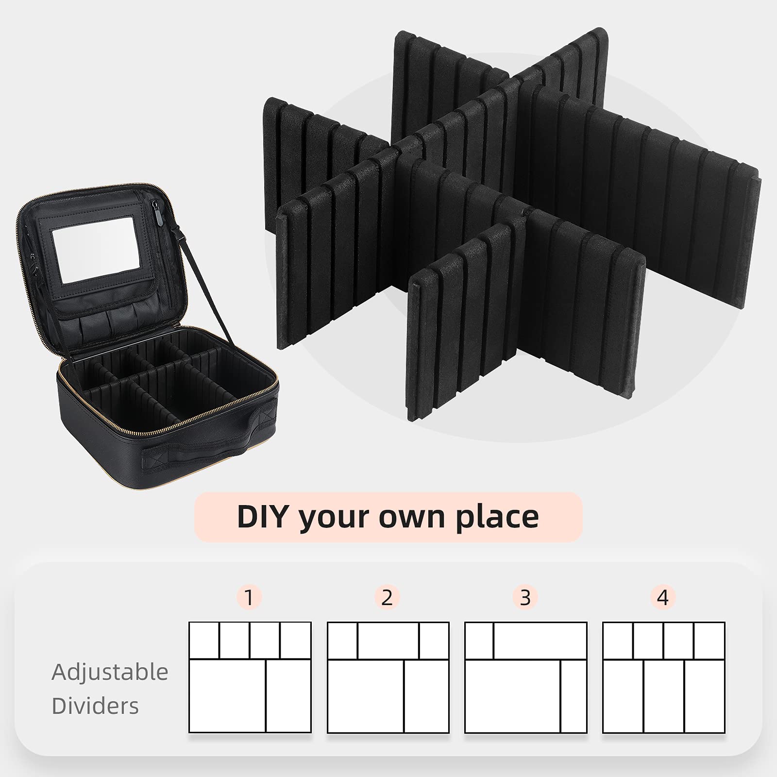 10 Inch Travel Makeup Bag Organizer for Women & Men - Adjustable Divider Cosmetic Case - Black Small Makeup Kit for Travel, Gym & Daily Use