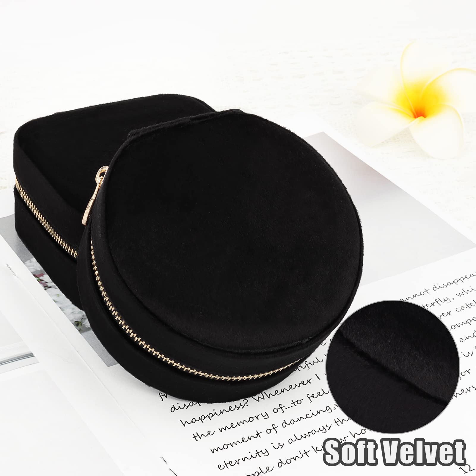 DesignSter Travel Jewelry Box - Velvet Mini Jewelry Organizer for Women & Girls, Small Jewelry Storage Case for Rings, Earrings, Necklaces - Portable Jewelry Holder for Travel, Home, Office (Circular, Black)