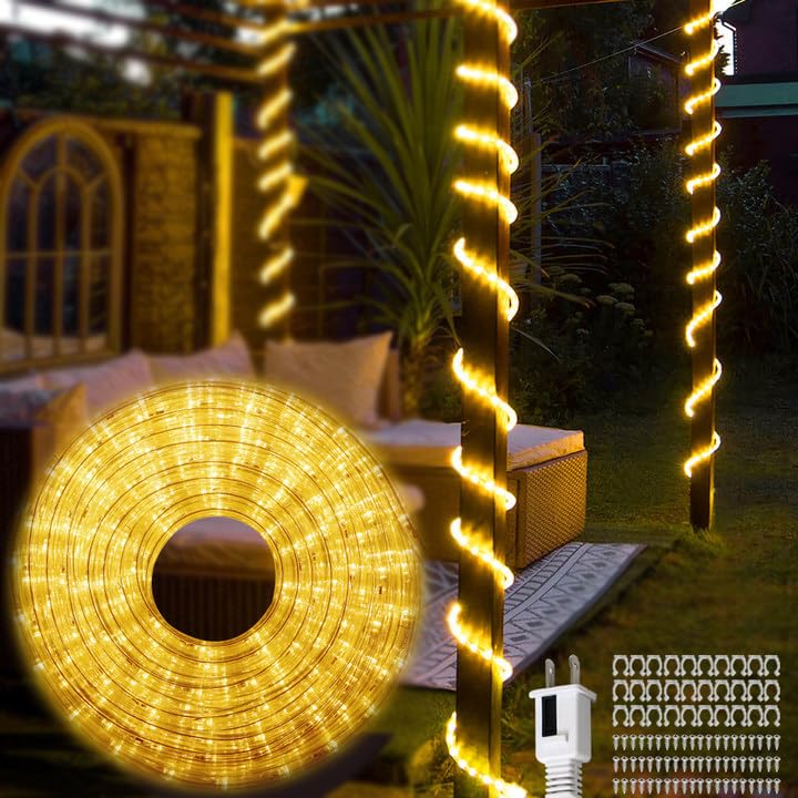50FT Warm White LED Rope Lights - Waterproof Outdoor & Indoor Flexible String Lights with 450 LEDs, Connectable Plug-in Design for Bedroom, Garden, Patio, Deck, Christmas & Holiday Decorations - Perfect for Ambient Lighting and Party Decor