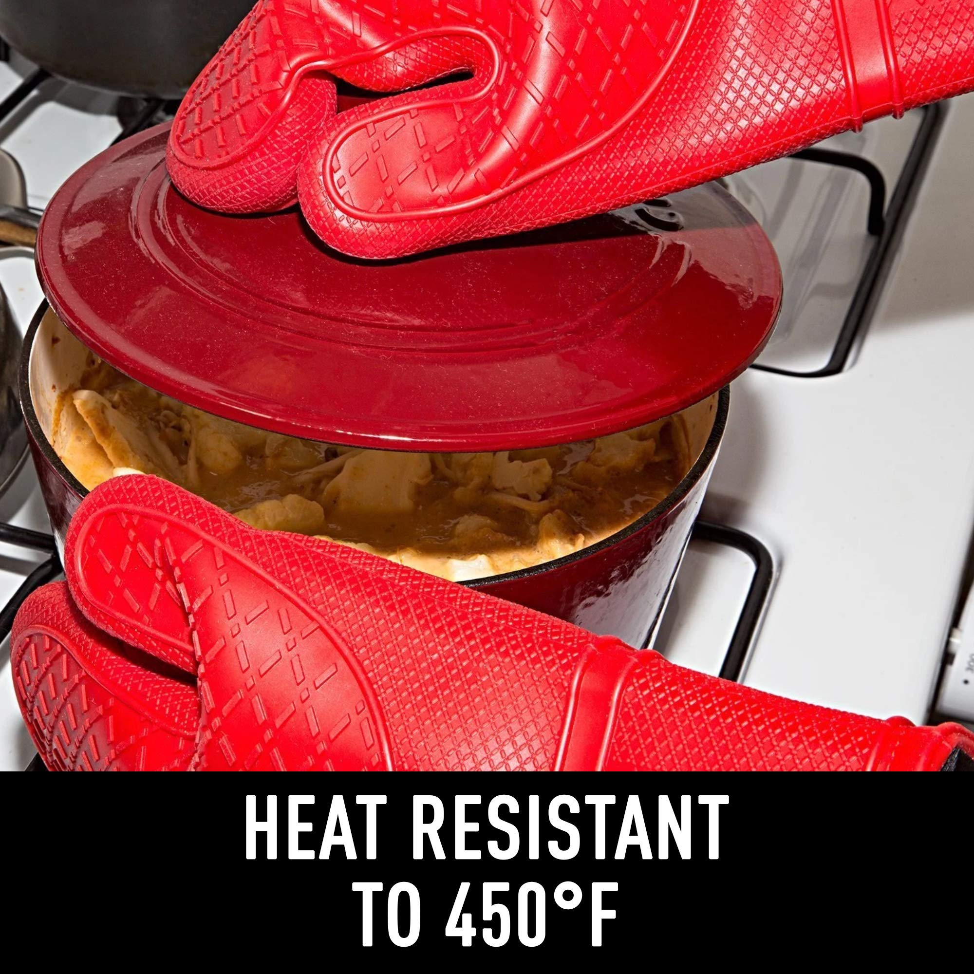 Heat-Resistant Oven Mitts Set - Extra Long & Easy Clean Kitchen Gloves for Baking, Cooking, Grilling with Bonus Pot Holder - Perfect for BBQ, Roasting & Hot Dish Handling