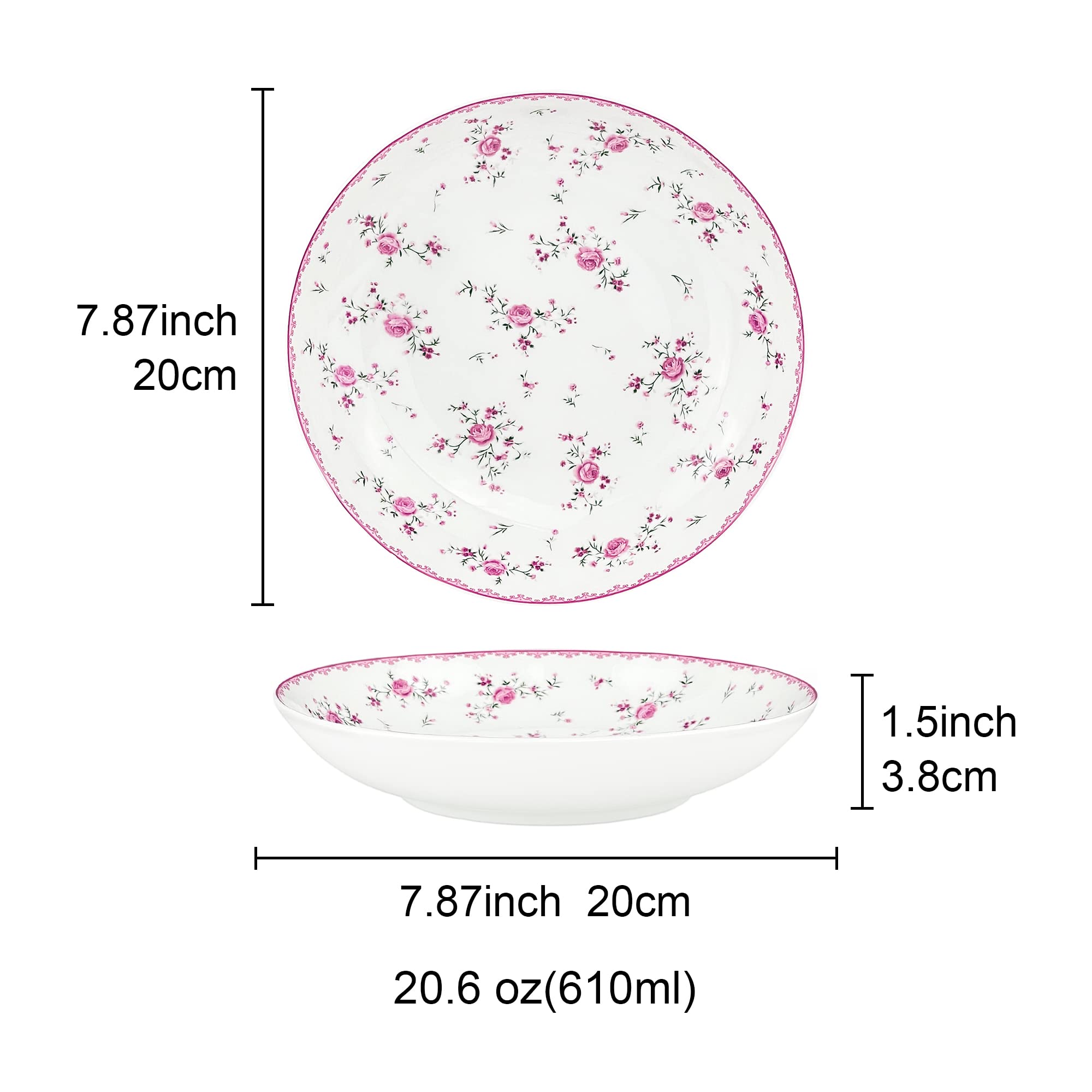 Fanquare 8-Inch Porcelain Salad Bowls Set of 4, Round Floral Dinner Plates for Soup, Pasta, Dessert & Fruit - Perfect for Family Dinners, Parties & Restaurant Serving