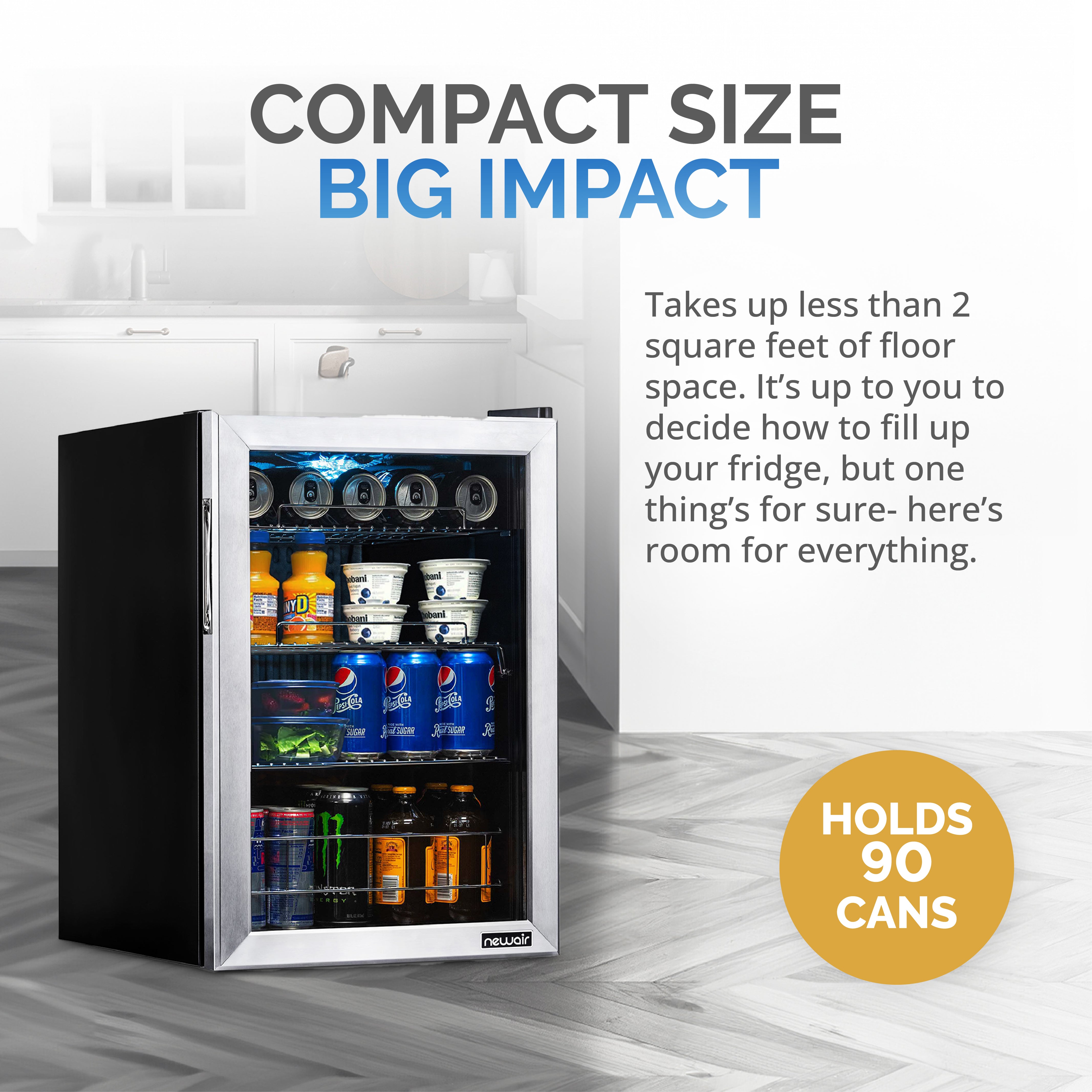 Newair® 90 Can Freestanding Stainless Steel Beverage Refrigerator - Perfect for Home Bars, Offices, and Game Rooms - Keep Drinks Cold and Organized