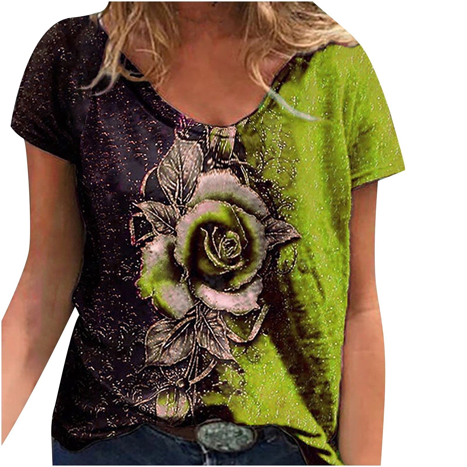 5665 Plus Size Women's Short Sleeve V-Neck Casual T-Shirts - Flattering Loose Fit Printed Summer Tops in Cool Colors | Perfect for Beach Outings, Weekend Wear & Casual Office Looks