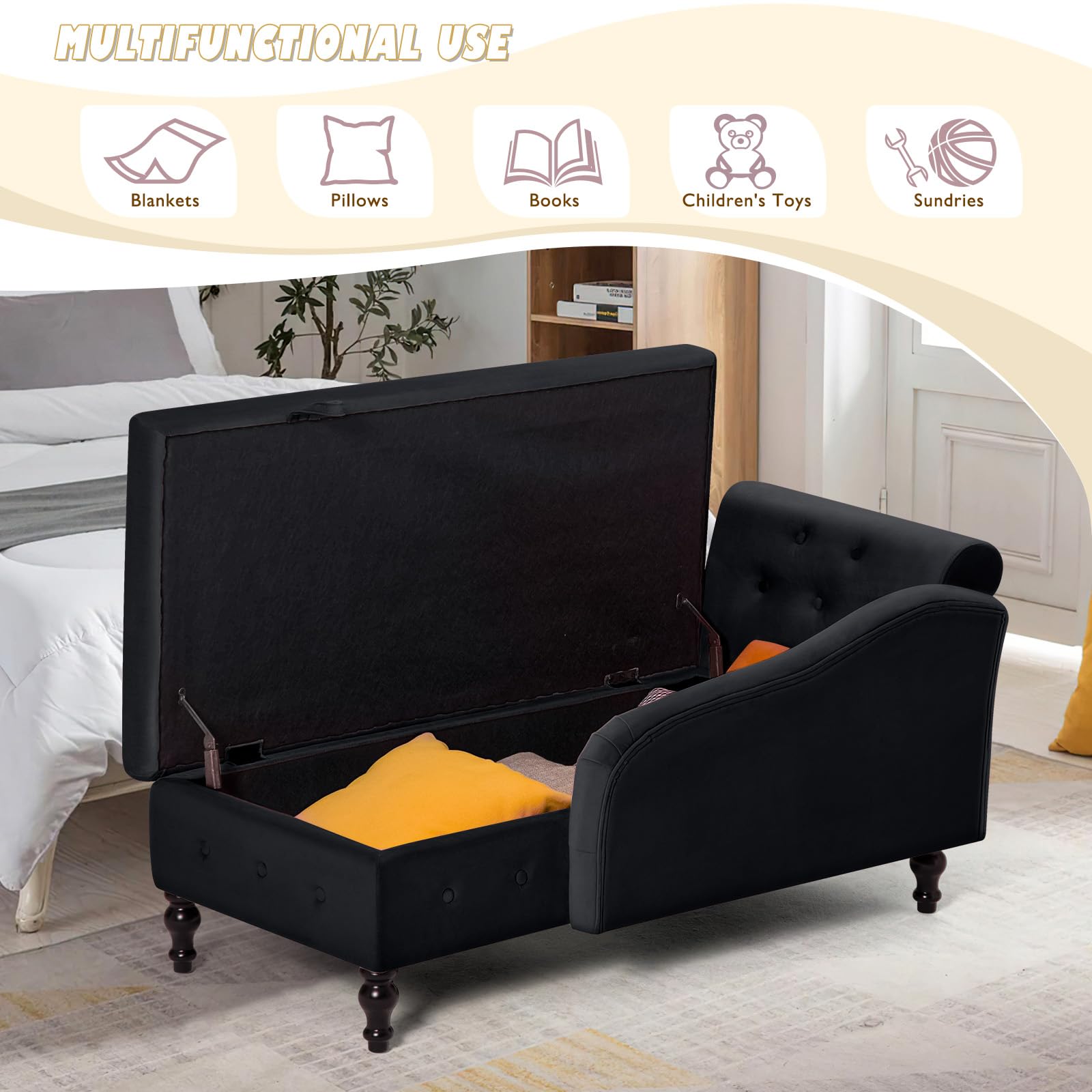 Luxury Velvet Upholstered Chaise Lounge with Left Armrest & Lumbar Support - Button Tufted Modern Lounge Sofa with Storage - Comfortable Living Room, Bedroom & Office Lounge Chair (Black) - Perfect for Relaxing, Reading & Small Space Decor