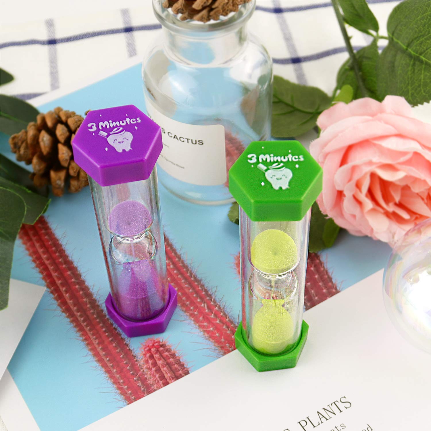 Jeowoqao 3-Minute Sand Timer for Kids & Teens - Fun Tooth Brushing Timer (Pack of 2) | Motivational Dental Hygiene Tool for Bathroom, Classroom & Travel