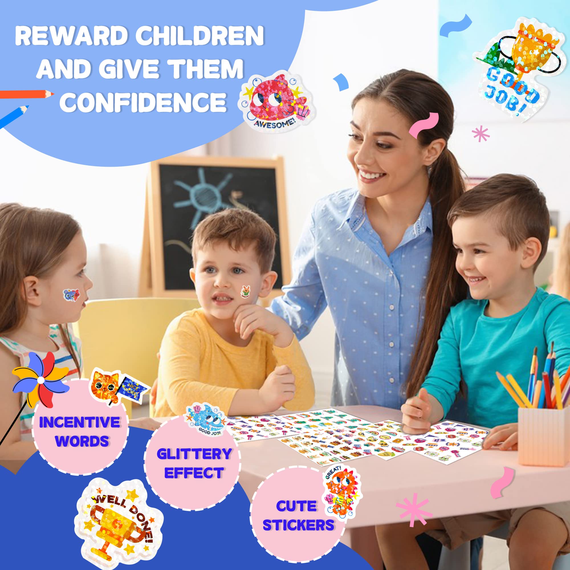 1300+ PCS Glitter Reward Stickers for Kids - Cute Animal Motivational Stickers for Toddlers, Classroom Teacher Supplies & Student Incentives | Perfect for School Projects, Behavior Charts, and Homeschool Activities