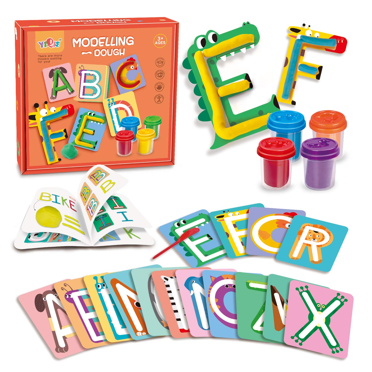 Alphabet A-Z 26 Modeling Dough Cards Set with 4 Multi-Color Dough for Kids - Learn Letters & Shapes | Educational Toddler Toy Gift for Ages 3+ | Perfect for Preschool Learning & Creative Play