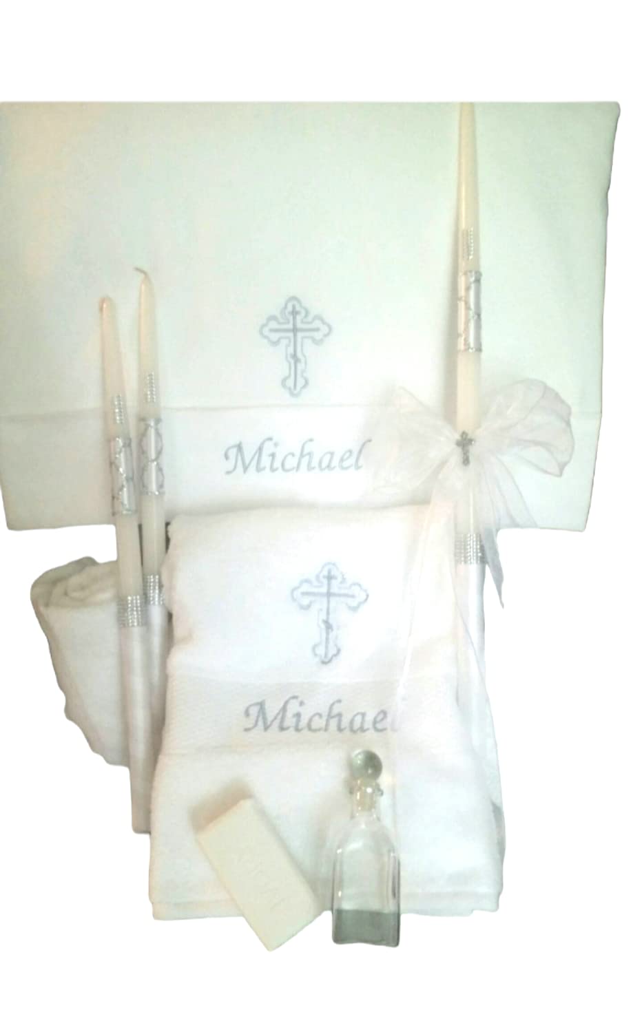 Personalized Greek Orthodox Baptism Gift Set - Embroidered Baptism Towel, Candles, Oil Sheet, Soap & Oil Bottle | Christening Ceremony, Baby Shower, Religious Keepsake