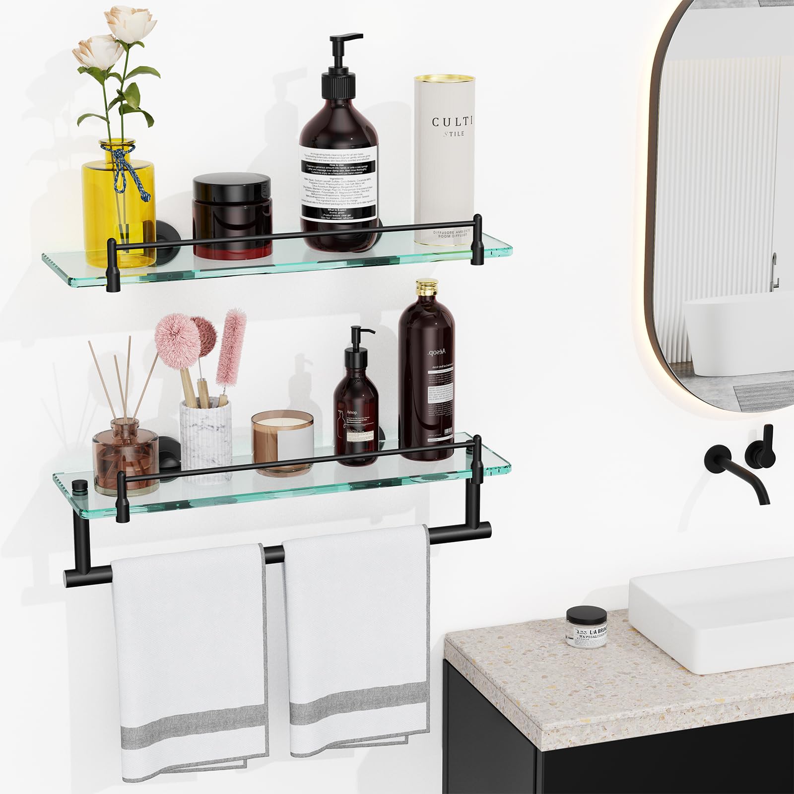 16-Inch Black Floating Glass Bathroom Shelf - Wall Mounted Stainless Steel Tempered Glass Shelves for Modern Bathroom Organization | Perfect for Shower Storage, Toiletries Display & Spa-Style Decor
