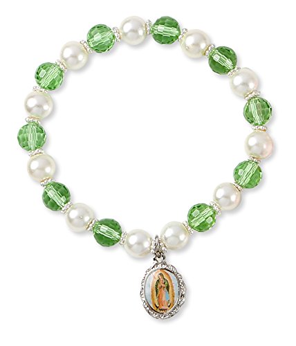 Our Lady of Guadalupe Medal Bracelet with 7.5mm Green Glass & Simulated Pearl Beads - 0.71 Inch Catholic Jewelry for Women - Perfect for Prayer, Daily Wear & Religious Gifts
