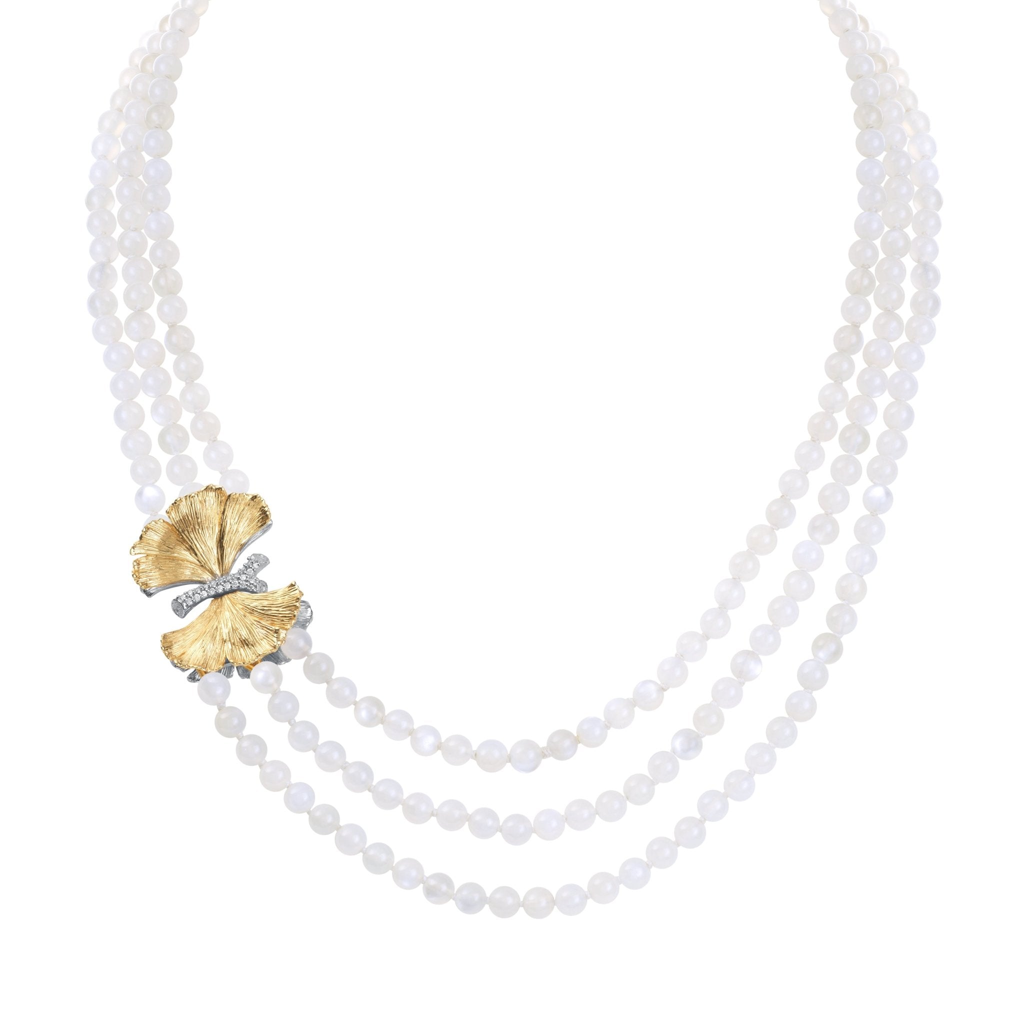 Butterfly Ginkgo Multi Strand Necklace with Moonstone & Diamonds - Elegant Layered Jewelry for Women, Perfect for Weddings, Parties & Special Occasions