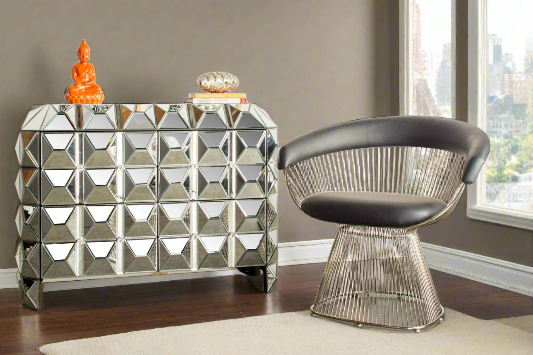 Modern Spike Mirrored Chest Cabinet - Stylish Storage for Bedroom, Living Room & Entryway