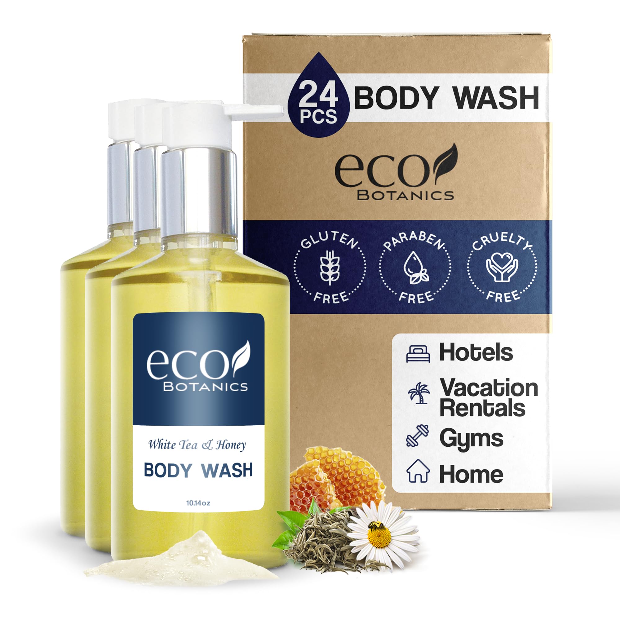 Terra Pure Eco Botanics Body Wash - White Tea & Honey Scent, 10.14 oz (Pack of 24) | Natural & Organic Hotel Amenities for Spa, Travel & Luxury Bathing