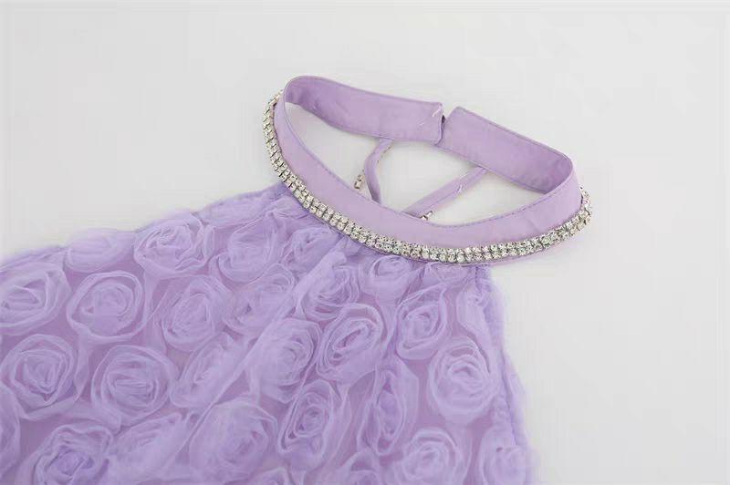 Elegant 3D Purple Rose Halter Neck Backless Midi Dress for Women - Perfect for Summer Parties, Weddings, and Special Occasions