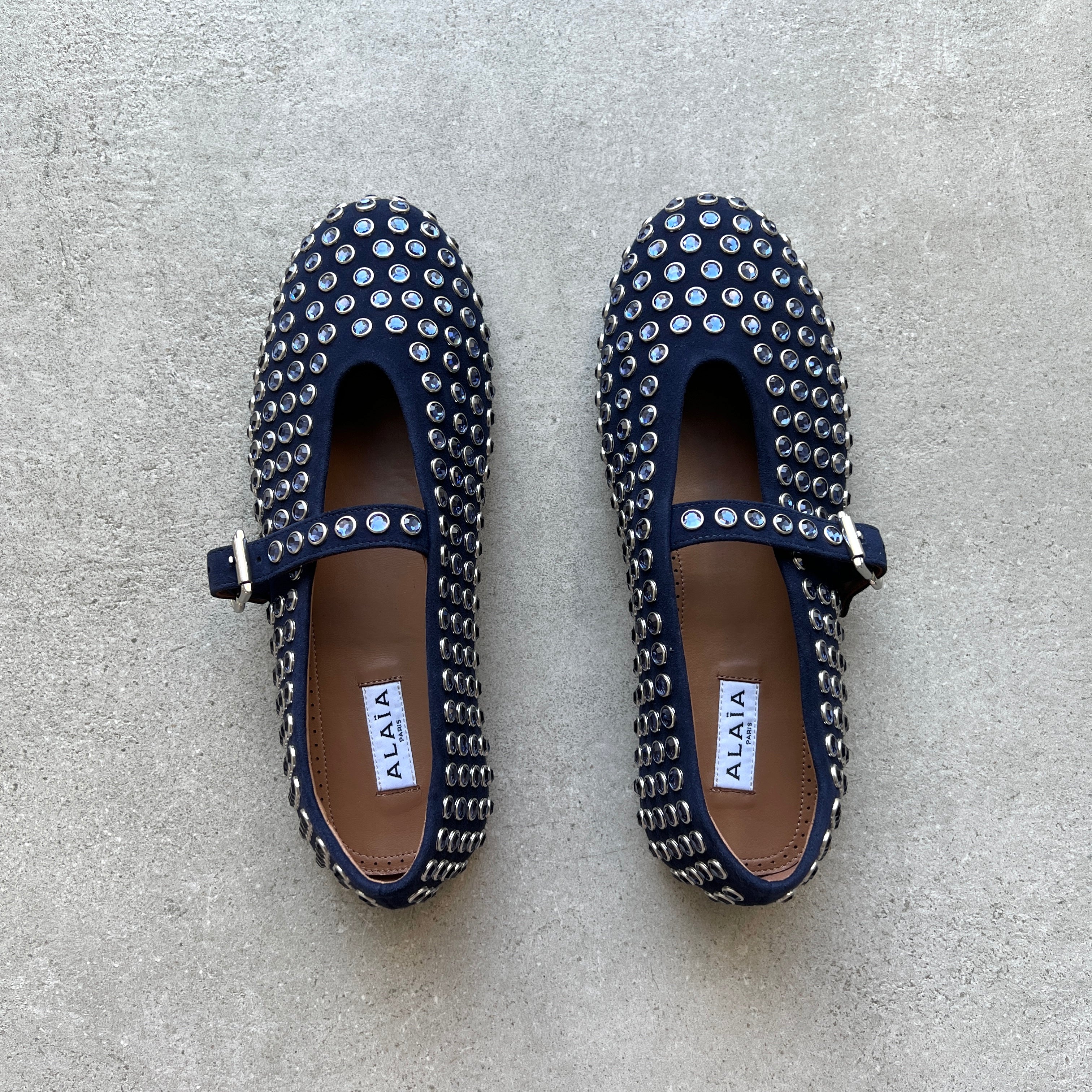 Blue Suede Ballet Flats with Rhinestones - Comfortable Women's Shoes for Work, Party & Everyday Wear