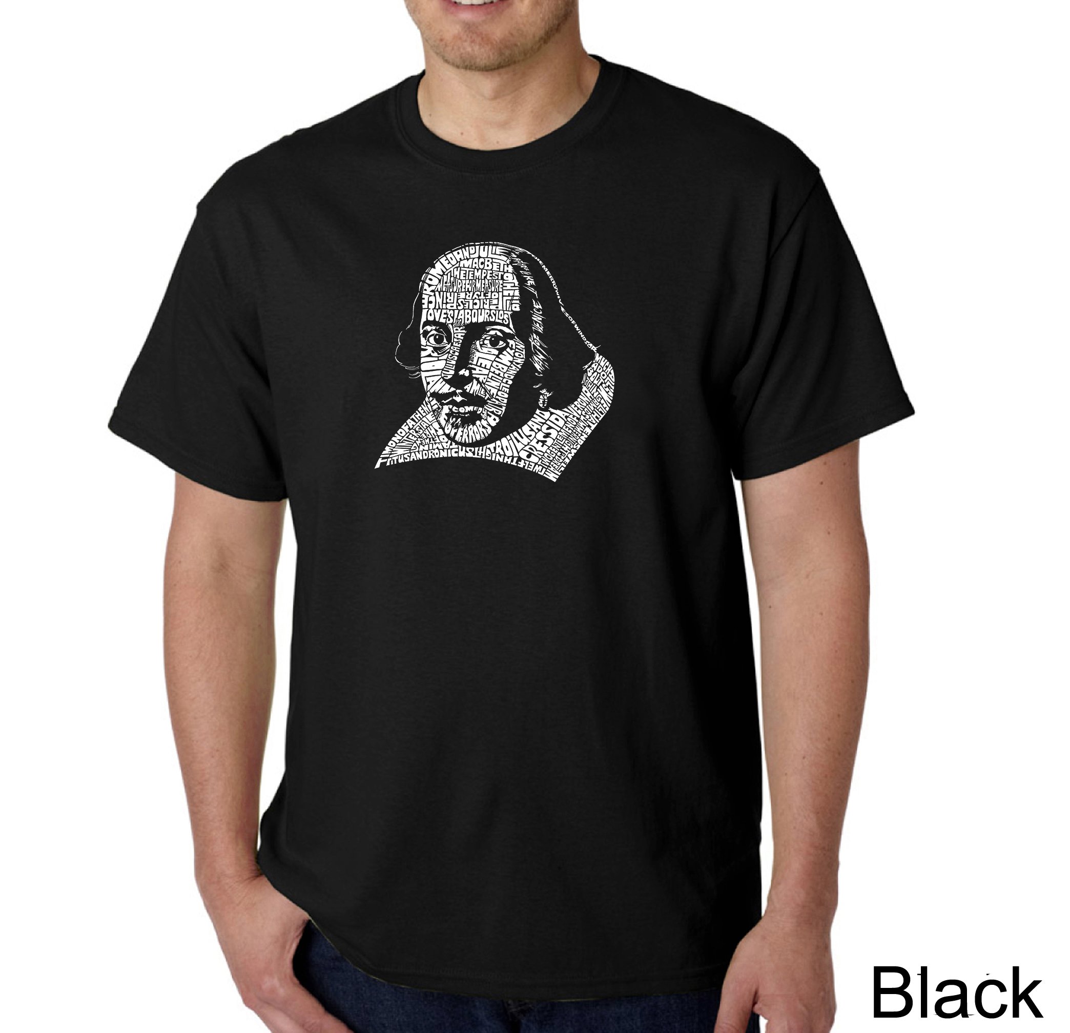 LA POP ART Men's Shakespeare Comedies & Tragedies Word Art Graphic T-Shirt - Vintage Literary Tee for Theater Lovers & Bookworms