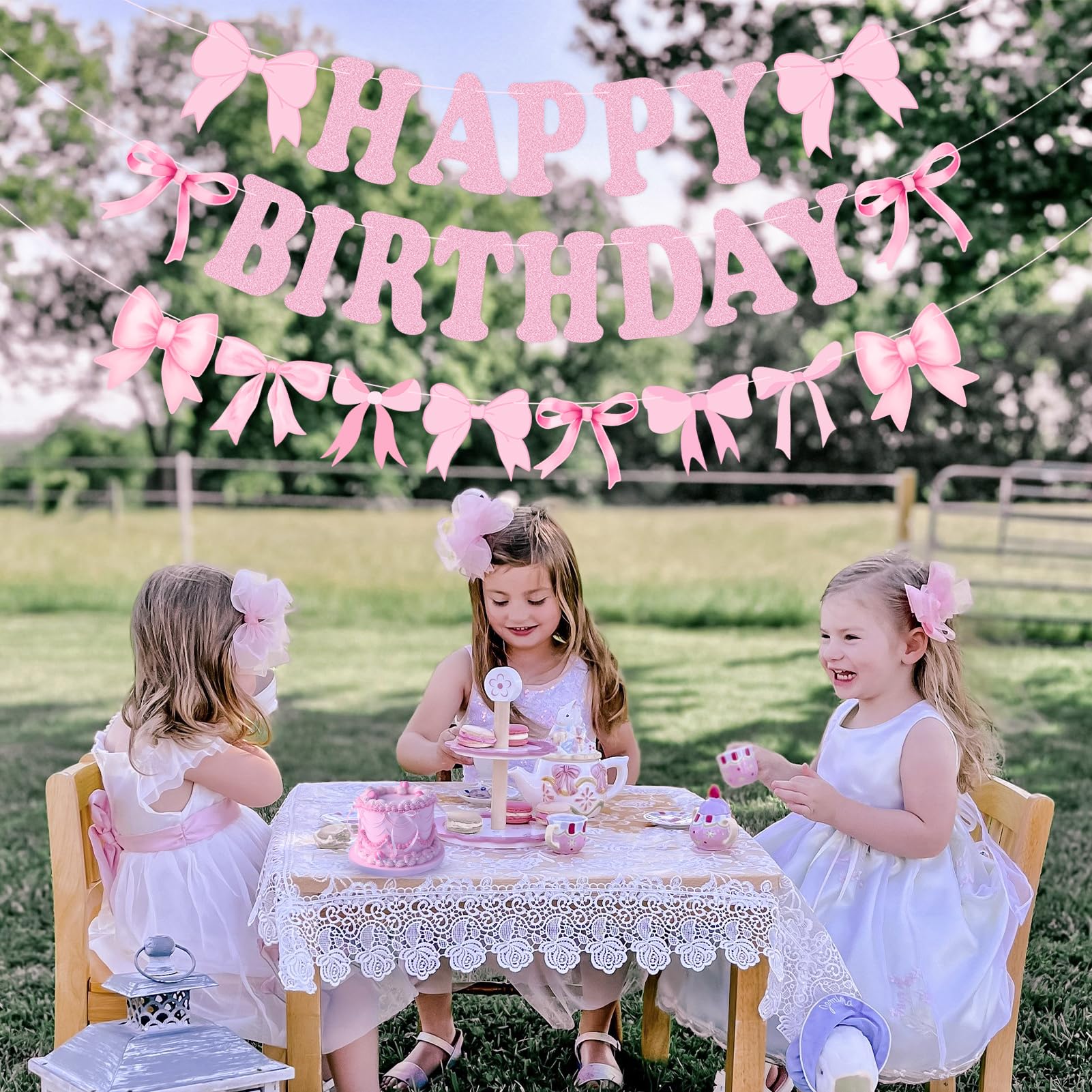 Happy Birthday Banner with Pre-Strung Pink Bows - Elegant Garland for Women & Girls Birthday Party Decorations | Perfect for Baby Showers, Bridal Showers, and Birthday Party Backdrops