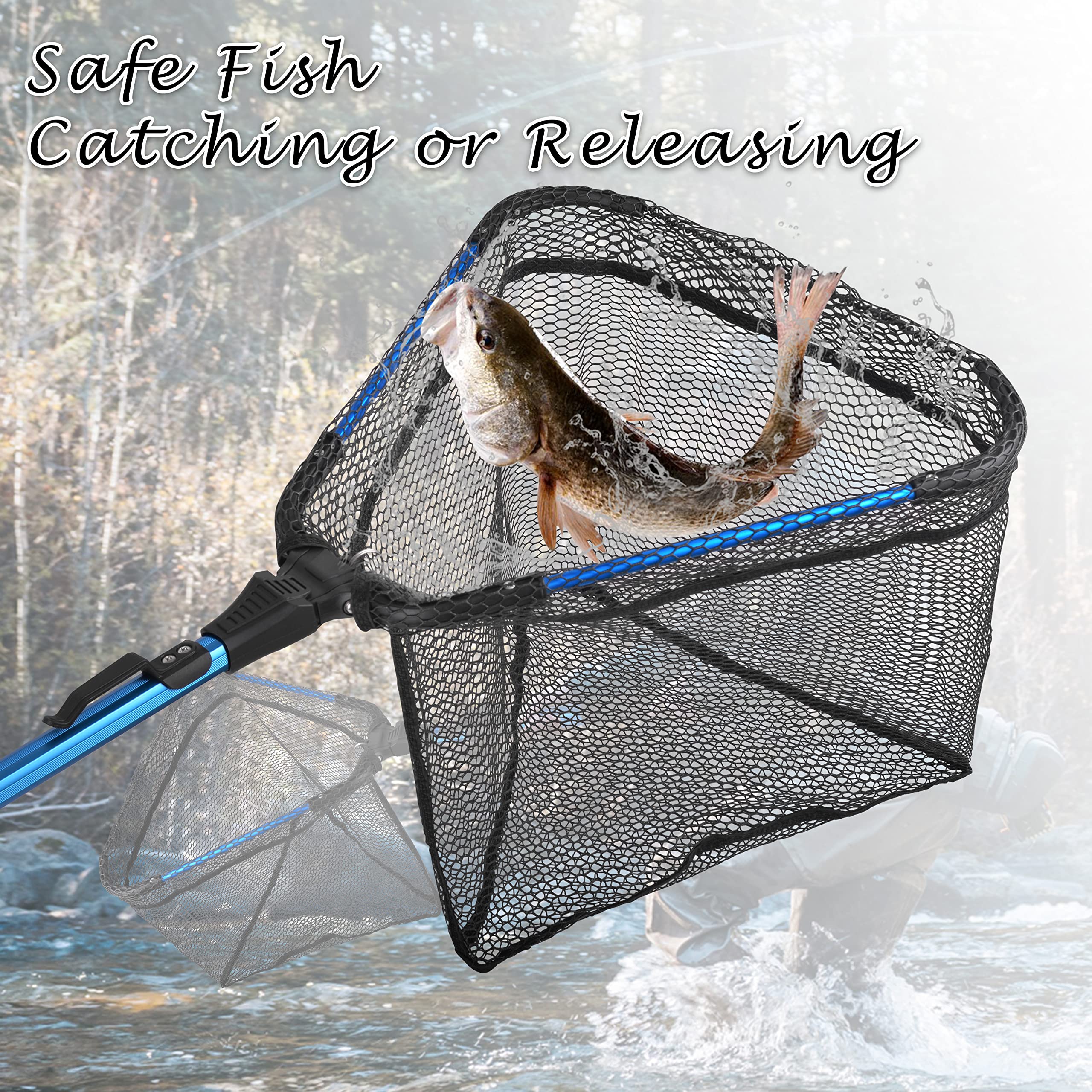**Collapsible Fishing Landing Net with Telescopic Handle - Floating Rubber Mesh for Kayak, Boat, Saltwater & Freshwater - Safe Fish Catch & Release for Anglers & Outdoor Enthusiasts**    *(Perfect for Kayak Fishing, Boat Trips, Catch-and-Release Practices & Outdoor Adventures)*