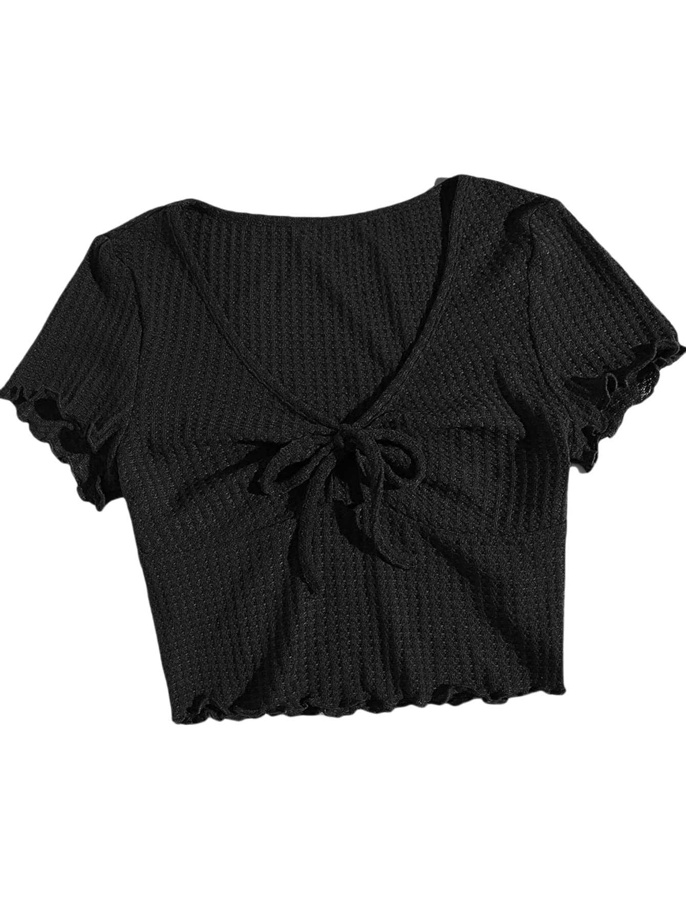 SheIn Women's Casual Waffle Knit Short Sleeve Crop Top V Neck Lettuce Trim T-Shirt - Summer Outfits, Beach Wear, Street Fashion, Layering Essential