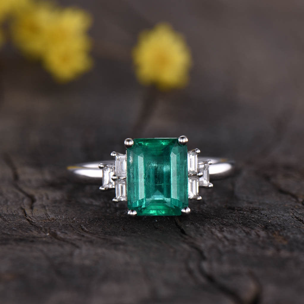 Solitaire Natural Emerald Cut Emerald & Baguette Diamond Engagement Ring - Perfect for Proposals, Weddings & Anniversary Gifts