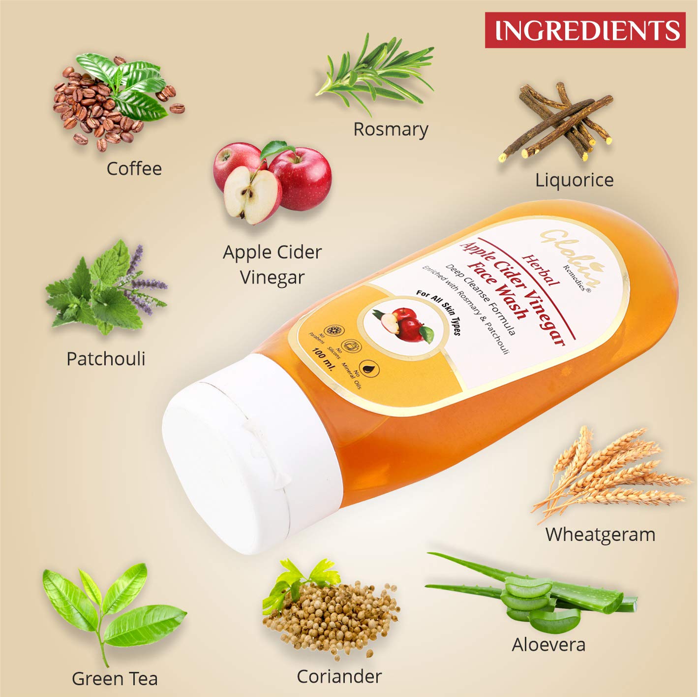 Globus Apple Cider Vinegar Face Wash 100ml - Natural Acne Treatment & Pore Cleanser for Clear Skin | Daily Facial Cleanser for Oily & Sensitive Skin