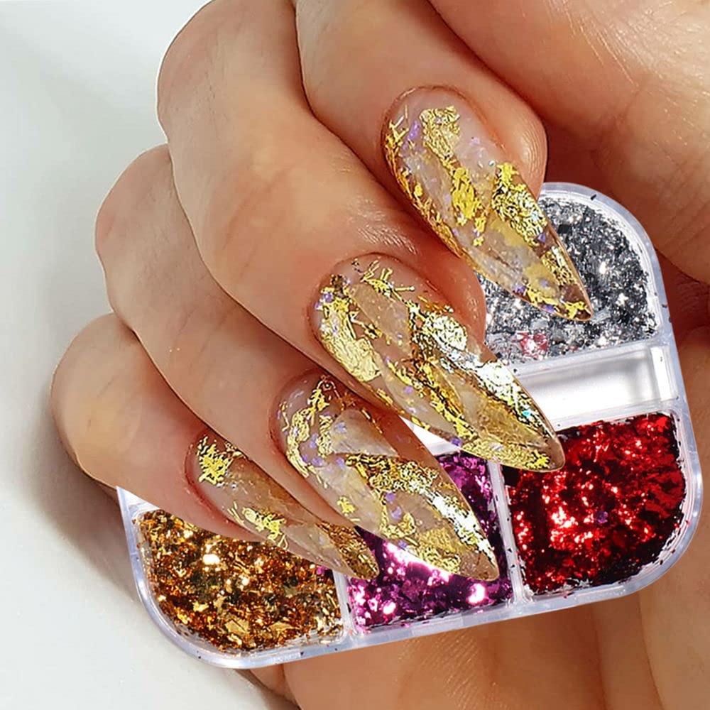 6 Grids DIY Manicure Irregular Mirror Sparkly Nail Sequins & Foils - Luxury Nail Glitter Flakes for Acrylic Nails, Gel Polish, Nail Art Designs & Home Salon Decor