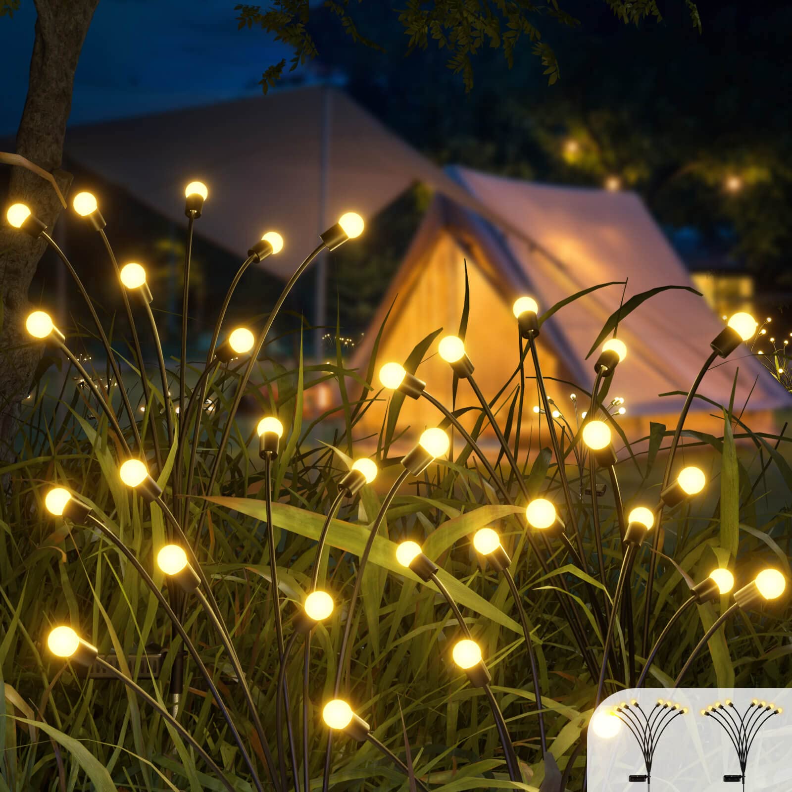 8 LED Solar Powered Firefly Lights - Waterproof Outdoor Solar Lights for Garden, Pathway, and Landscape Decoration (2 Pack, Warm White) | Perfect for Backyard, Patio, and Yard Lighting at Night