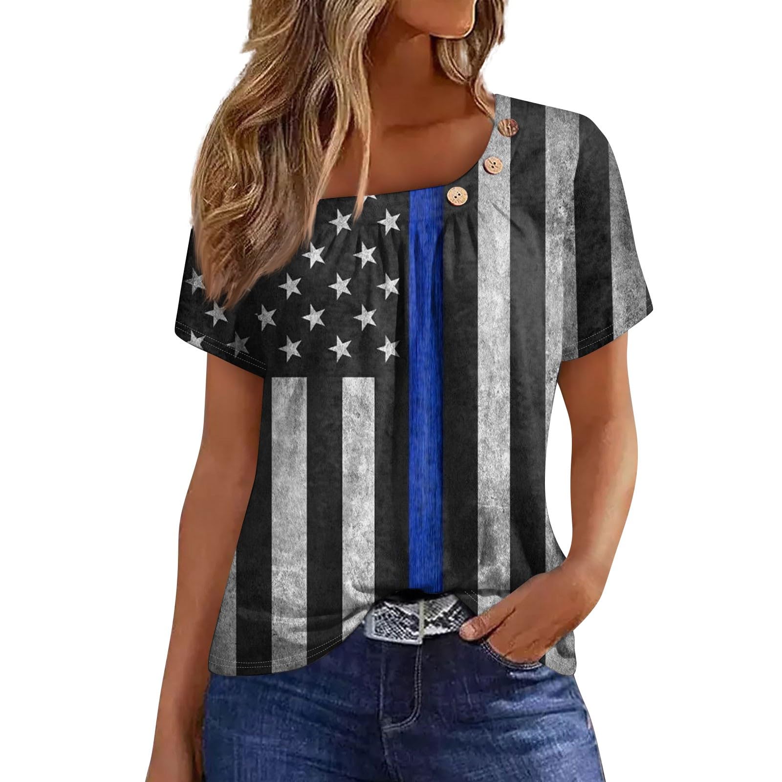 Women's Casual Short Sleeve Pleated Square Neck T-Shirt - Fashion Crewneck Blouse with Buttons | Perfect for Work, Date Night & Summer Outfits