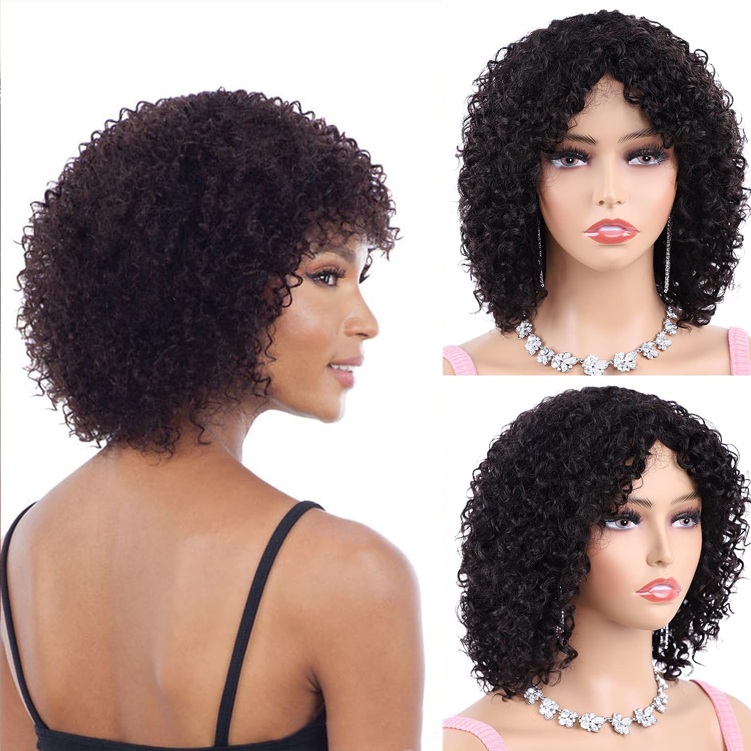 Fluffy Deep Wave Bob Wigs with Bangs - 150% Density Short Kinky Curly Human Hair Wigs for Black Women | Natural Looking Pixie Wigs for Daily Wear, Cosplay & Special Occasions