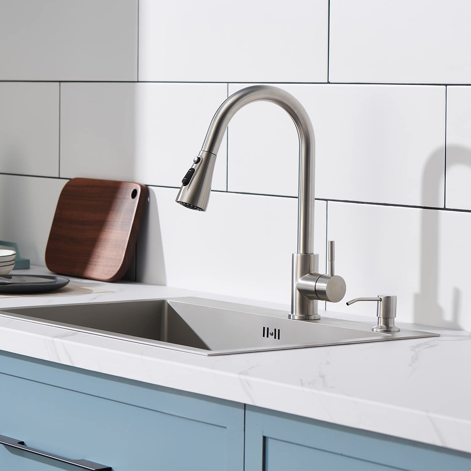 Brushed Nickel Soap Dispenser for Kitchen Sink - Top Refill Stainless Steel Built-in Soap Dispenser with 13oz Bottle | Perfect for Modern Kitchens, Bathrooms & Restaurants